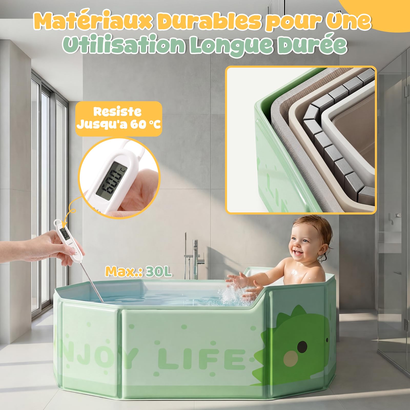 Orzbow Baignoire Pliable Bébé, Grande Baignoire avec Base Antidérapante, Vert, 6 Mois à 6 Ans