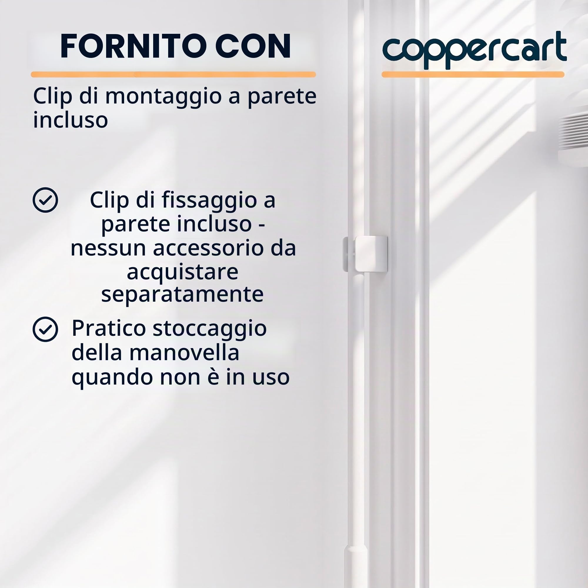 Manovella completa per persiana avvolgibile 1300 mm - E618D - Acciaio laccato bianco, diametro esterno 12 mm, con impugnatura ergonomica e clip di fissaggio a parete - Qualità francese