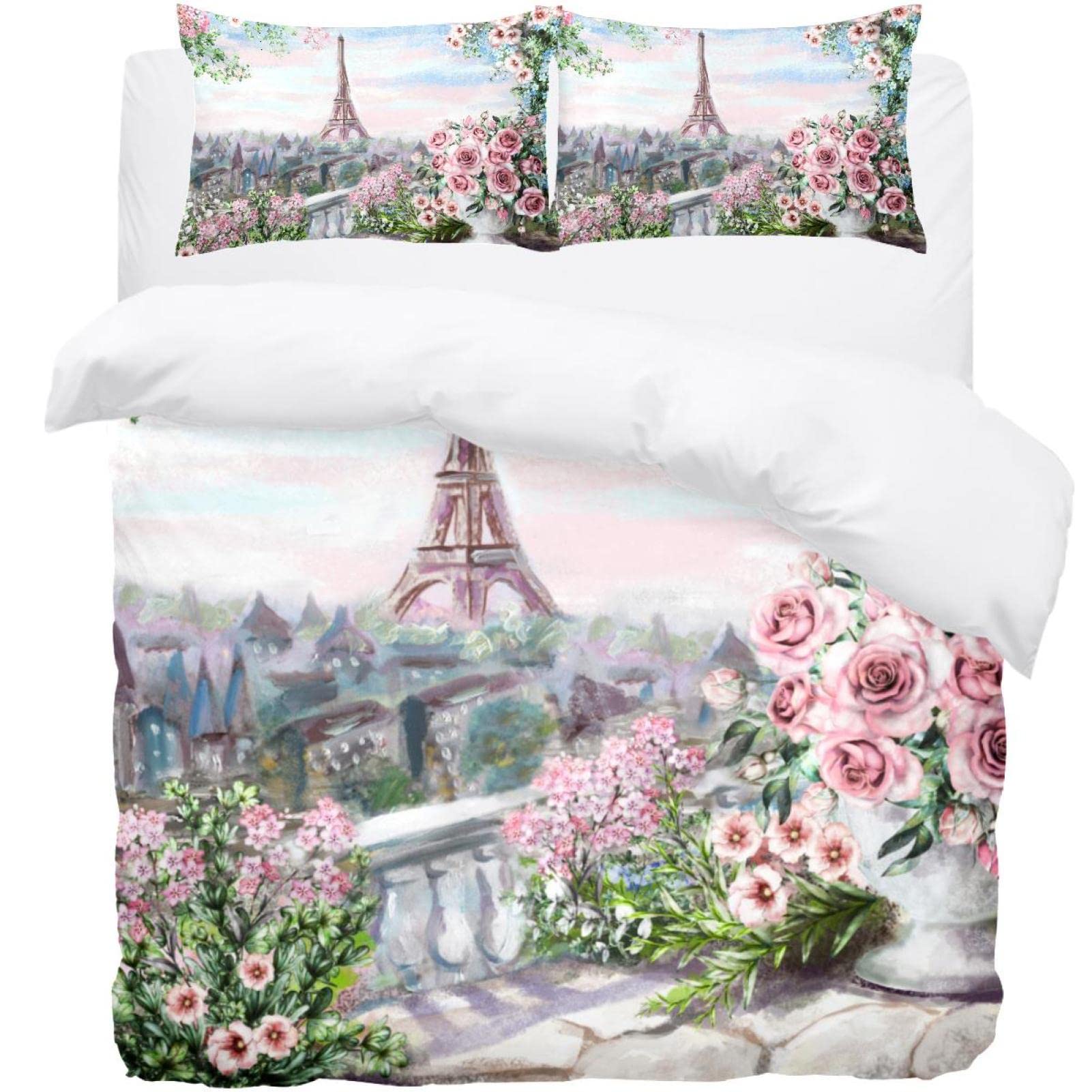 Housse de couette tour Eiffel et fleurs lavable en machine pour grand lit King size