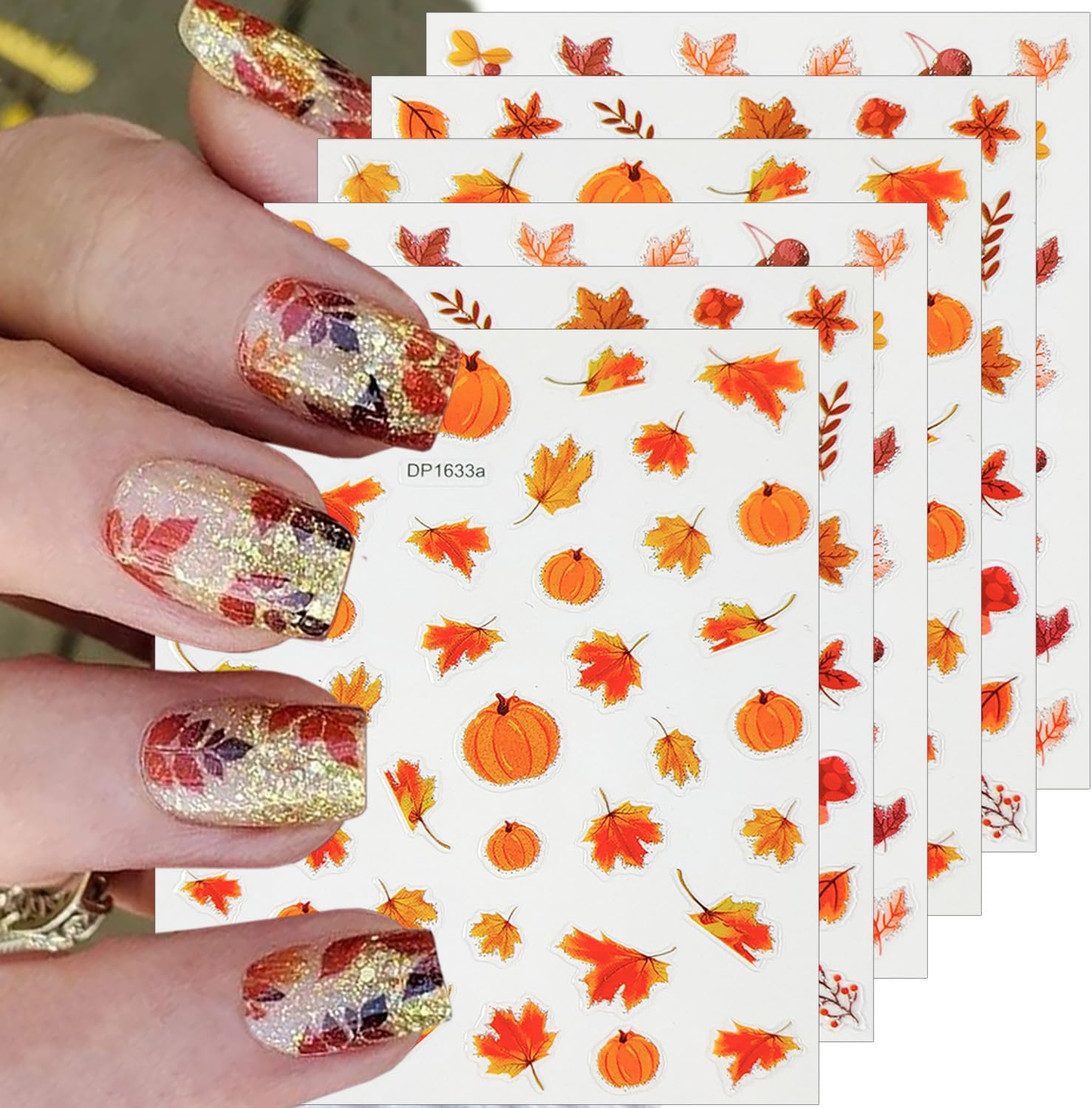 6 Sheets Fall Nail Stickers 3D Self-Adhesive Maple Leaf Nail Art Stickers for Nail Art Pumpkins Leaf Nail Design Autumn Nail Decals Thanksgiving Nail Art Supplies for Women Acrylic Nails Decoration