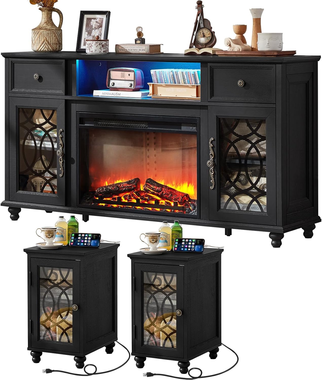 Soporte para TV con Chimenea Eléctrica 3 Piezas Joaxswe 59"