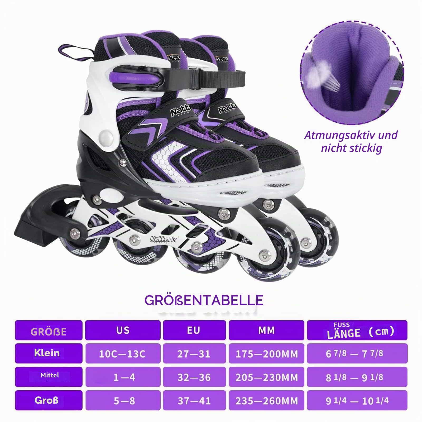 Nattork Inliner für Kinder Verstellbare Inline Skates, 4 Größen Kinder Inline Roller Skates mit Beleuchteten, Kinder Inliner Rollschuhe für Anfänger