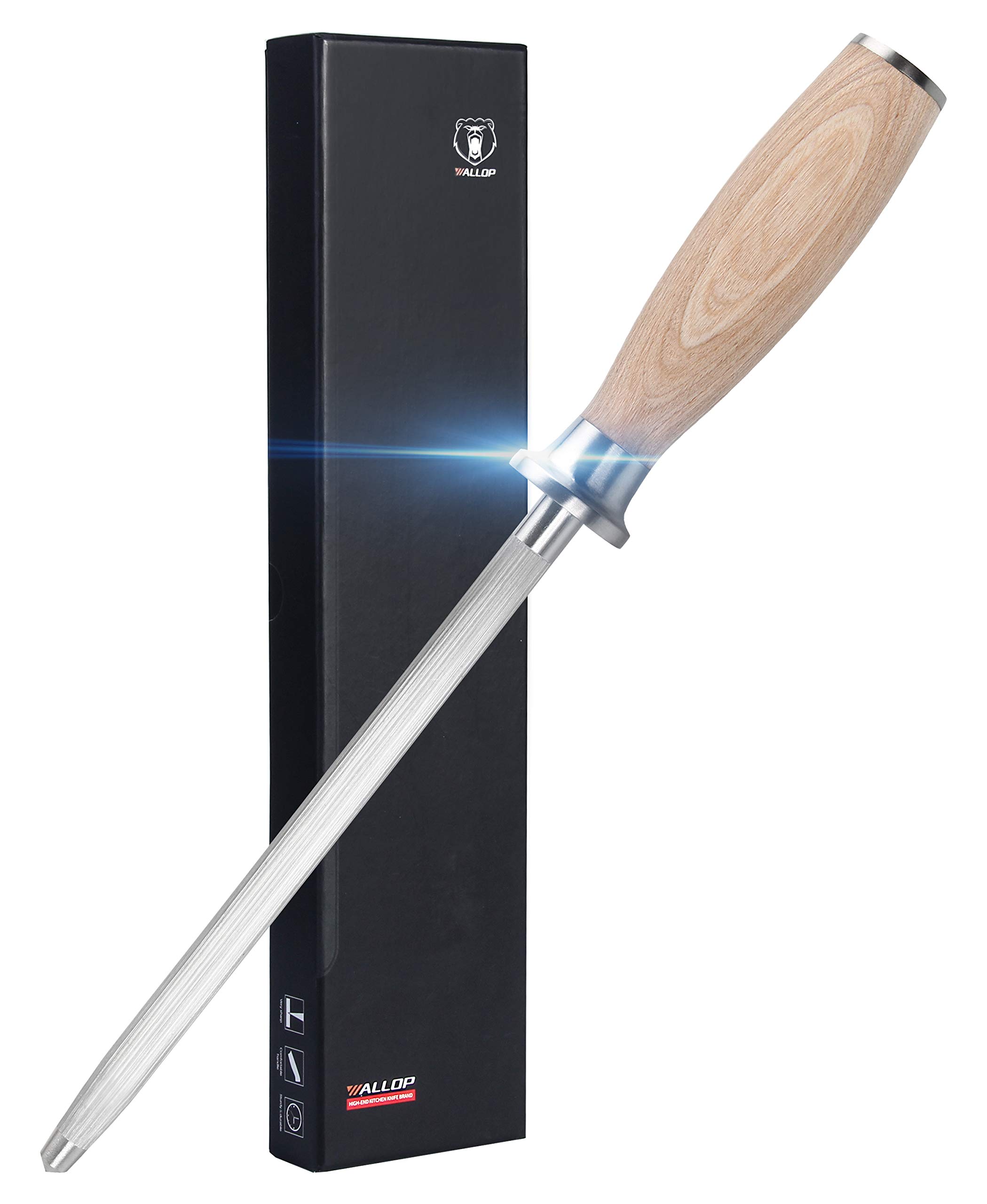 WALLOPHoning Steel - Kitchen Knife Sharpener Rod 8 inch - German HC Stainless Steel Honing Steel for Honing Chef Knife Blades - Natural Pakkawood Handle with Gift Box