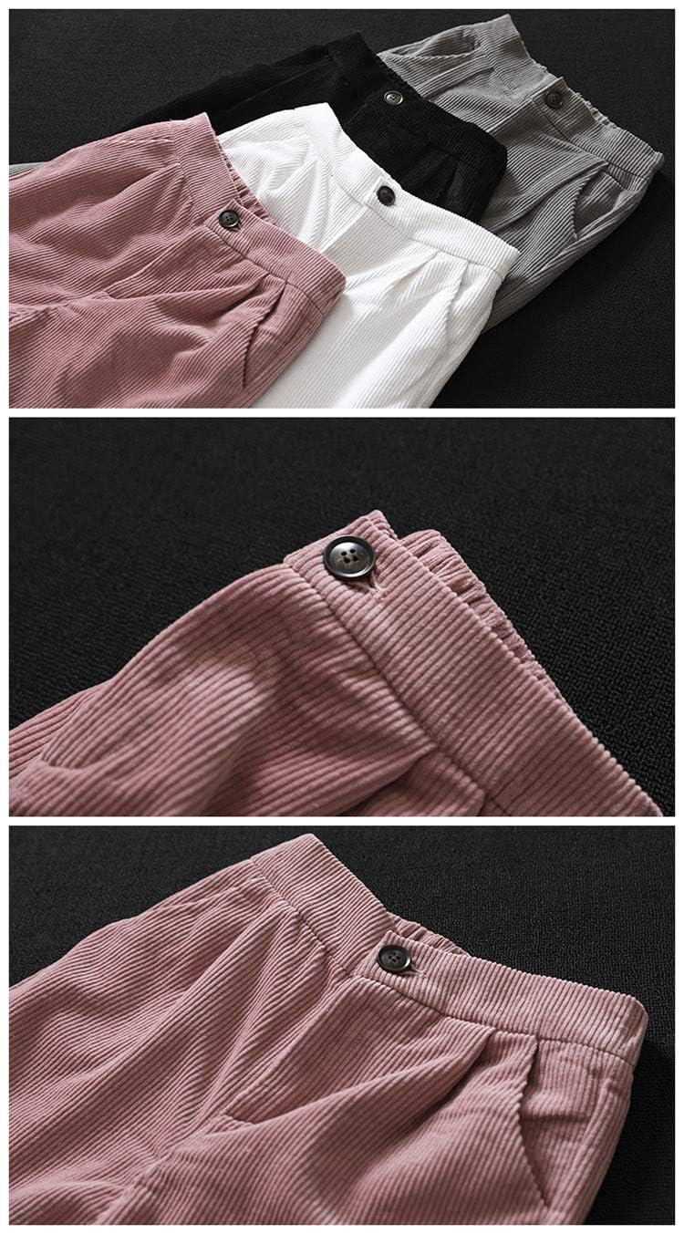 Minibee Women's Cropped Corduroy Pants Elastic Waist Retro Trouser with Pockets