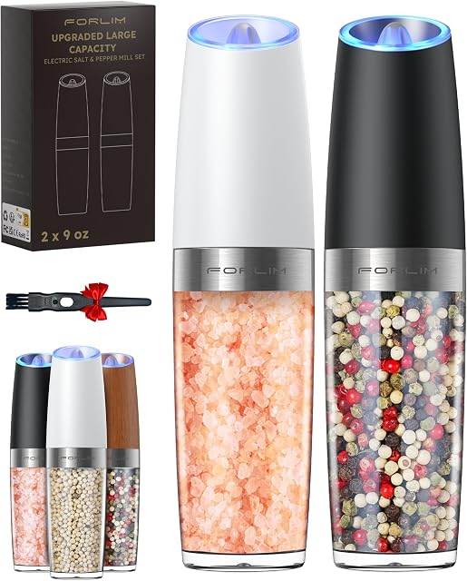 [Large Capacity] FORLIM Gravity Electric Salt and Pepper Grinder Set, Battery Powered One Hand Automatic Operation, Adjustable Coarseness, LED Light - 2 Pack