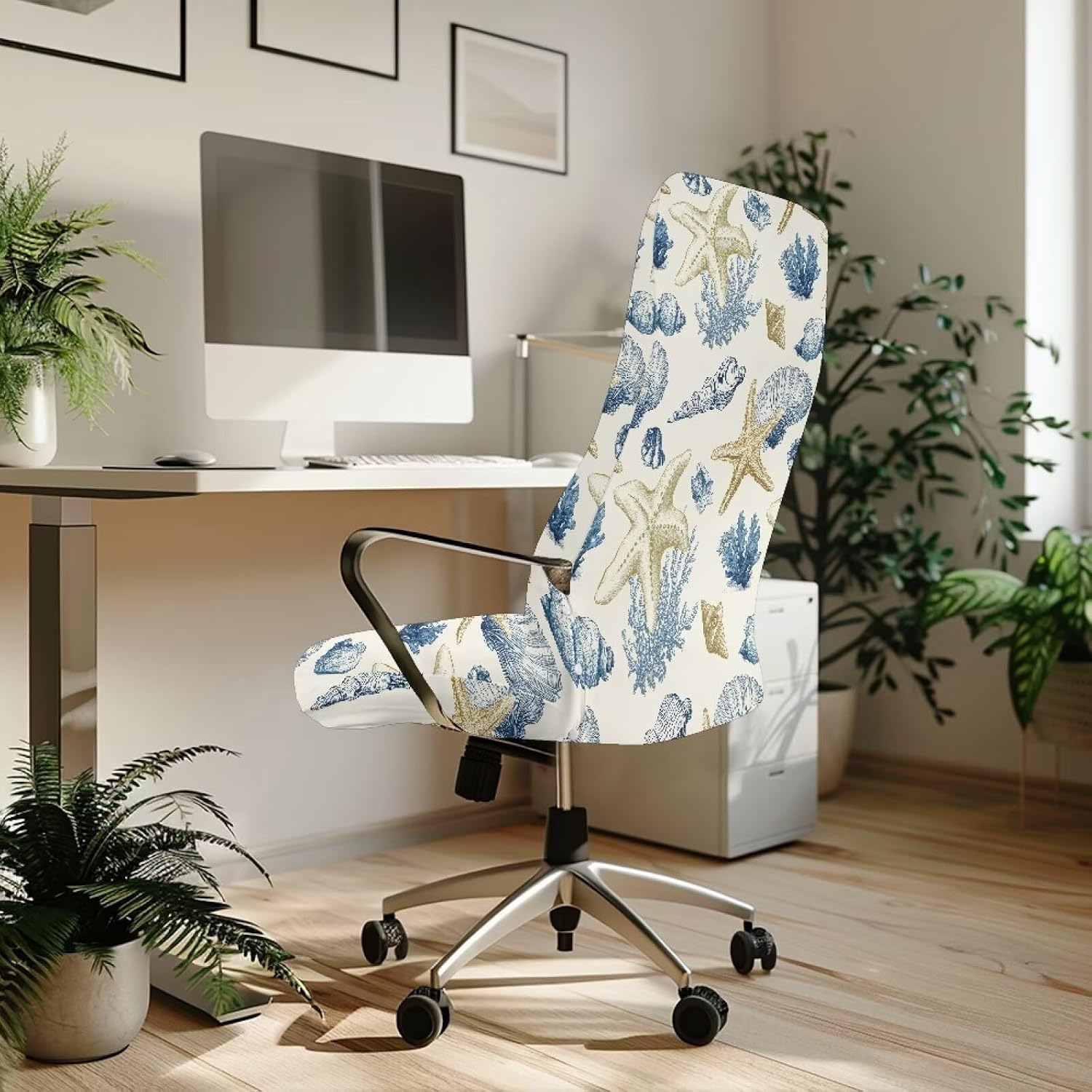 Wanyint Star Conch Coral Beige Office Chair Cover with Elastic Bottom Stretch Computer Desk Chair Cover Anti-Slip High Back Chair Cover with Elastic Bottom Office Decor, S