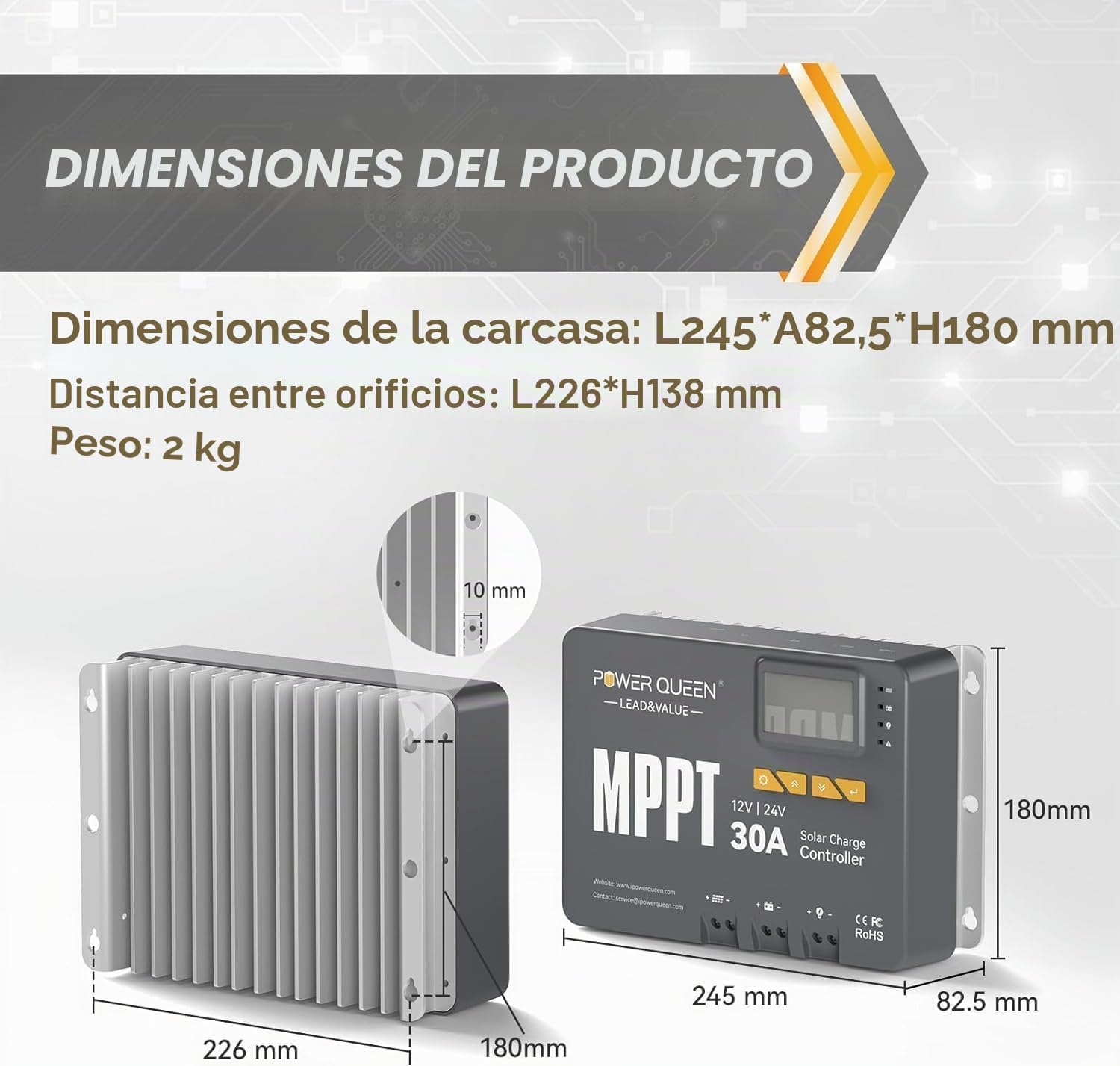 POWER QUEEN Regulador de Carga Solar MPPT 12V 24V 30A para Batería LiFePO4 | Potencia Máxima de 900W con Módulo Bluetooth Integrado y Pantalla LCD para Monitoreo en Tiempo Real de tu Energía
