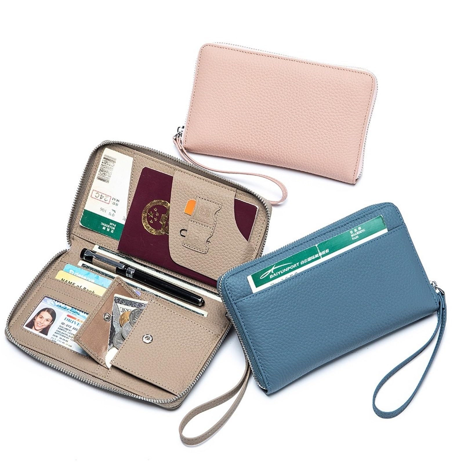 Custodia for passaporto da viaggio in vera pelle, portafoglio lungo, porta carte, monete in di vacchetta, portadocumenti per Documenti di Viaggio(Black)