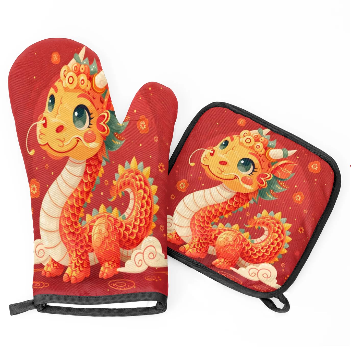 Cute Cartoon Dragon Oven Mitts Kitchen Oven Gloves for Cooking Baking Heat Proof Lining Cotton Kitchen Potholder Mittens Pot Holders Hot Pads for Chef Women Men