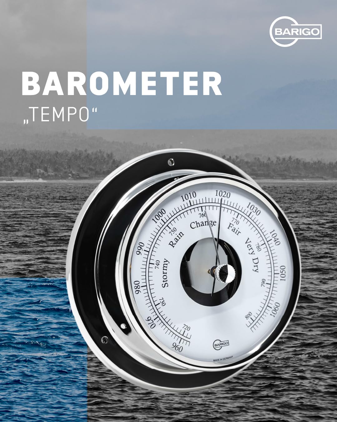 BARIGO 183RFPO SKY Barometro – 110 x 35 mm – Misuratore di pressione con cassa in acciaio inox lucidato – Made in Germany