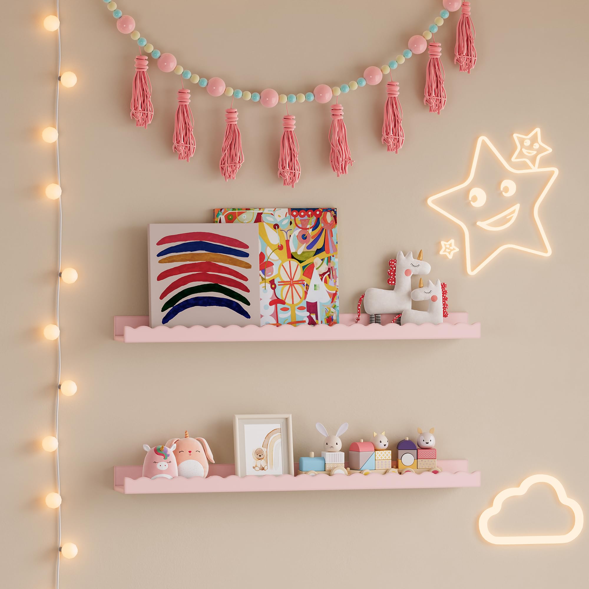 [en.casa] Set de 2 Estantes Flotantes Infantil Vestnes Baldas de Pared con Borde Ondulado Librería Dormitorio para Niños Habitación Infantil 60 x 10 x 5 cm Rosa - Algodón de azúcar