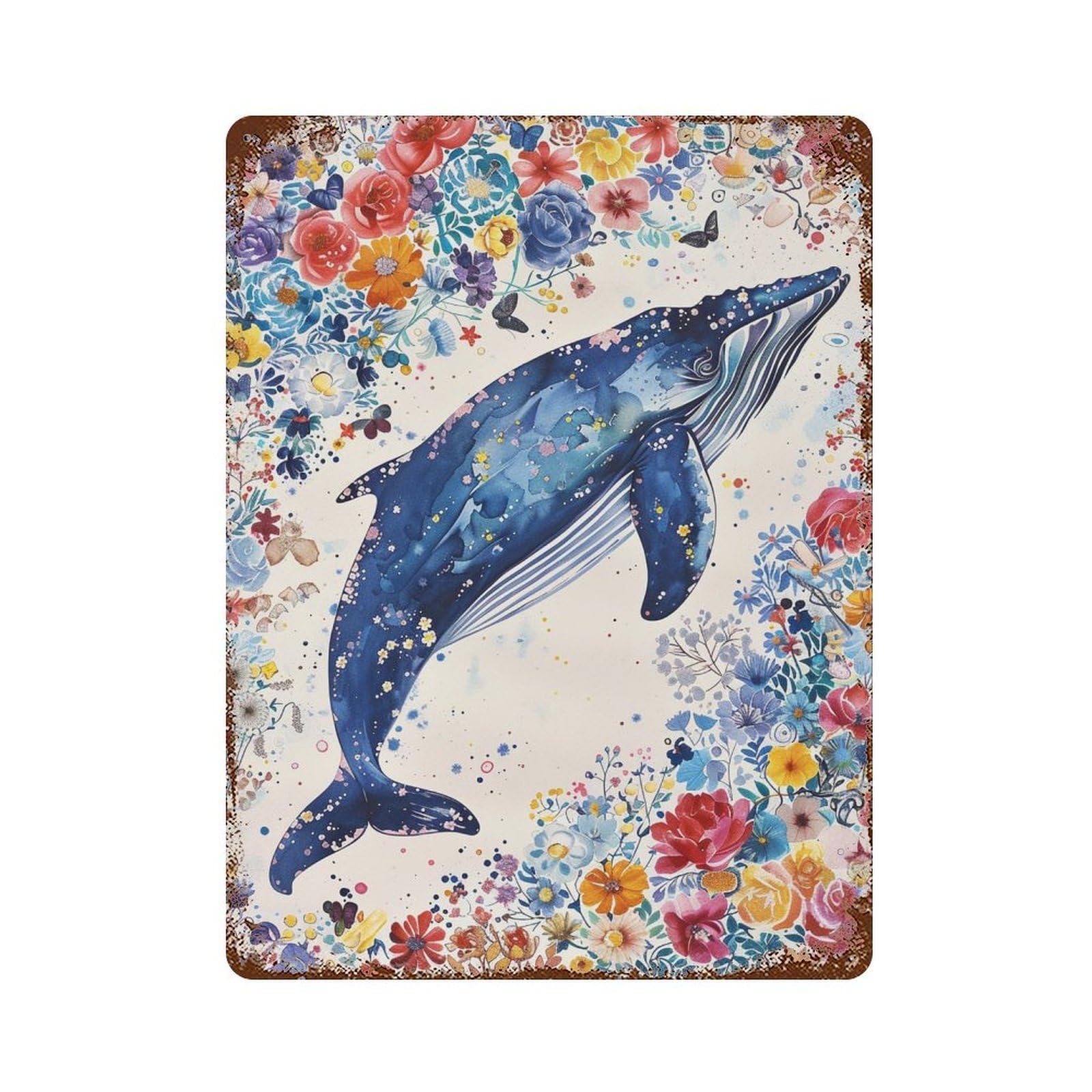 Rust Effect Whale Floral Fantasy Art Print Aged Metal Wall Plaque 15.7"x11.8", Old School Wall Decor for Patio, Garden Room And Bar Decor