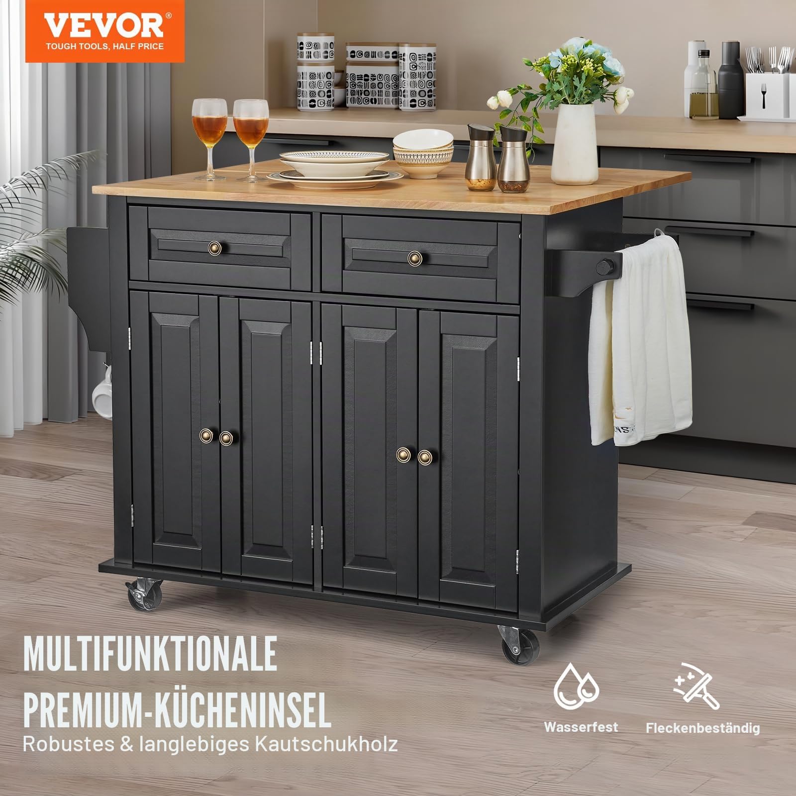 VEVOR Kücheninselwagen, 110 cm mobiler Wagen mit Holzplatte und Lagerschrank, Rolltisch mit Klappplatte, Gewürzregal, Handtuchhalter, verstellbarem Regal, Schublade und Haken, tragbare Inseln Rollbar