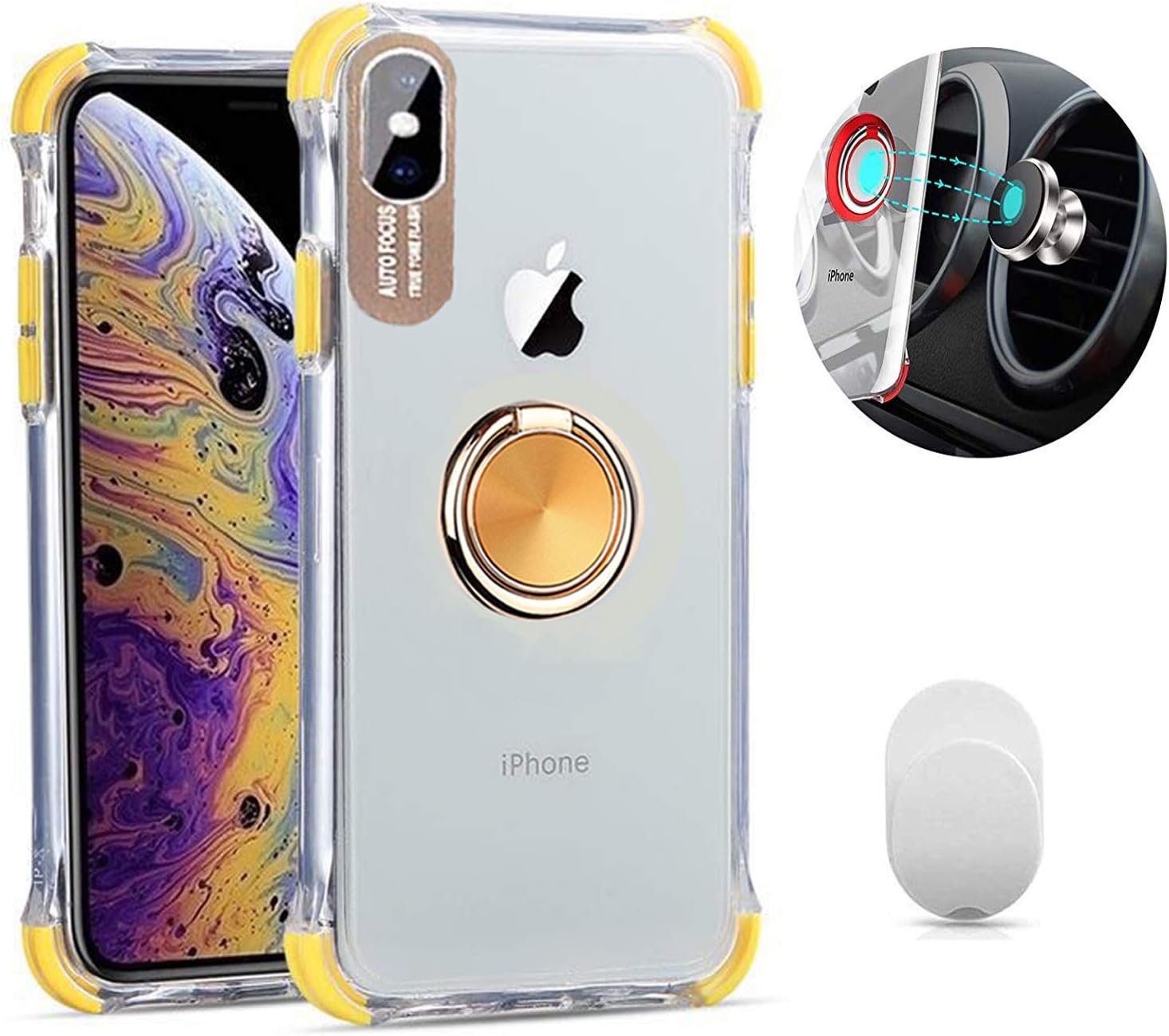 Calmpal iPhone XR Case,Clear Air Cushion Corner Magnet-Attracting Metal Ring Holder Kickstand Rotational Clip Holster Rugged TPU Rubber Soft Clear Case with Ring Hook for iPhone XR(6.1")