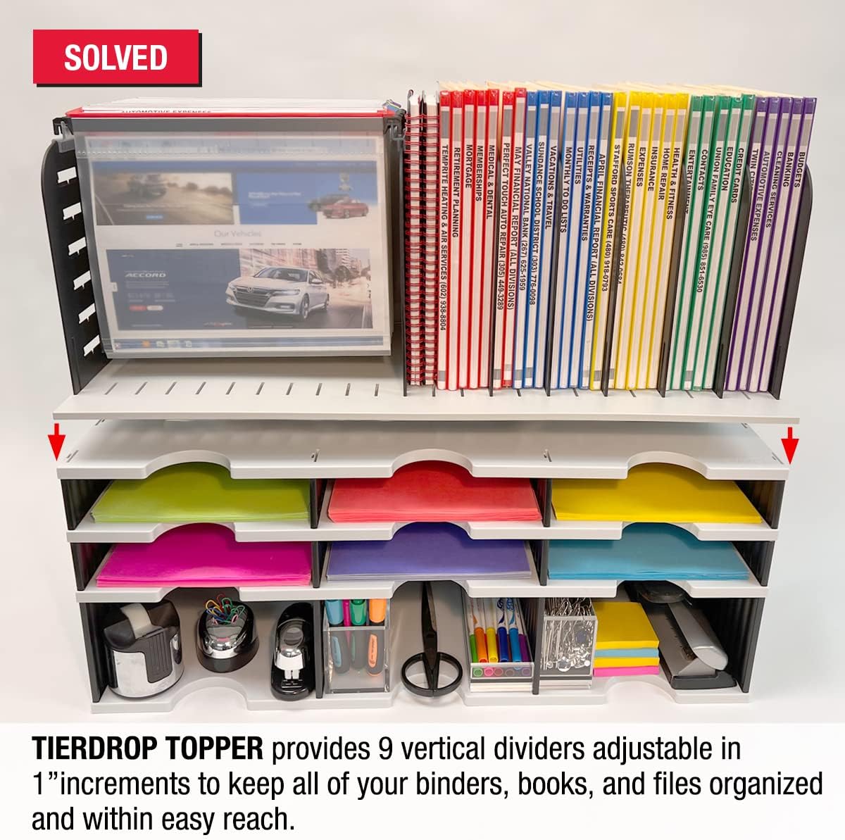 Ultimate Office TierDrop Topper Desktop Hanging Vertical File Organizer with 7 Vertical Sorting Slots and 9 Dividers Adjustable in 1 inch Increments