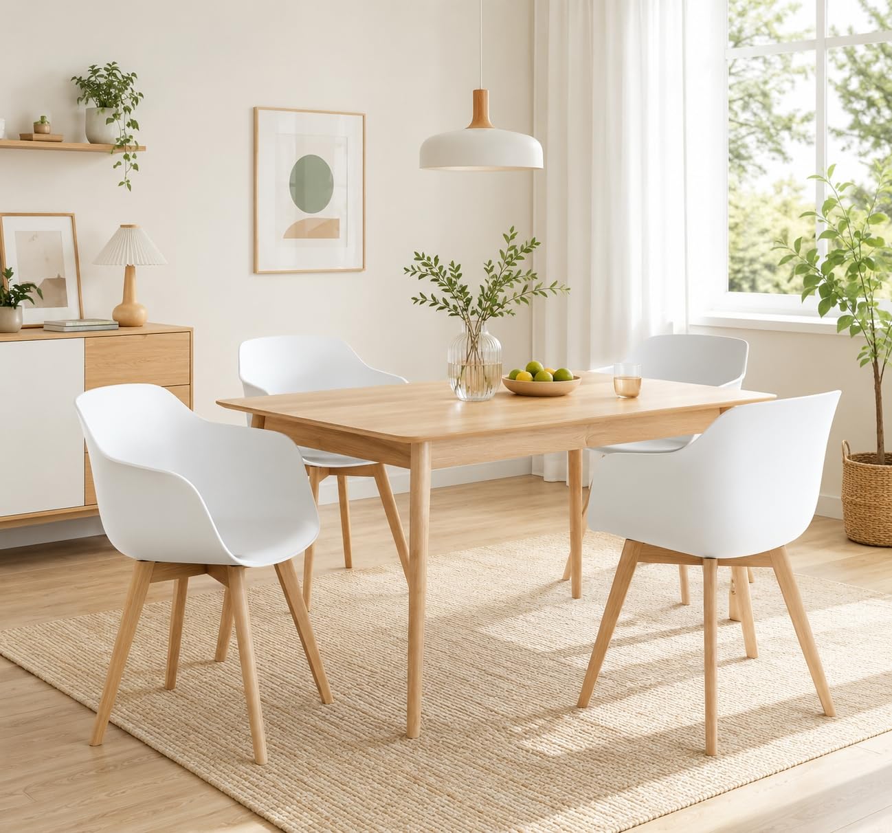 EGGREE Lot de 4 chaises de Salle à Manger et Pieds en Bois de hêtre Massif, Chaise de Salon avec accoudoirs, Blanc