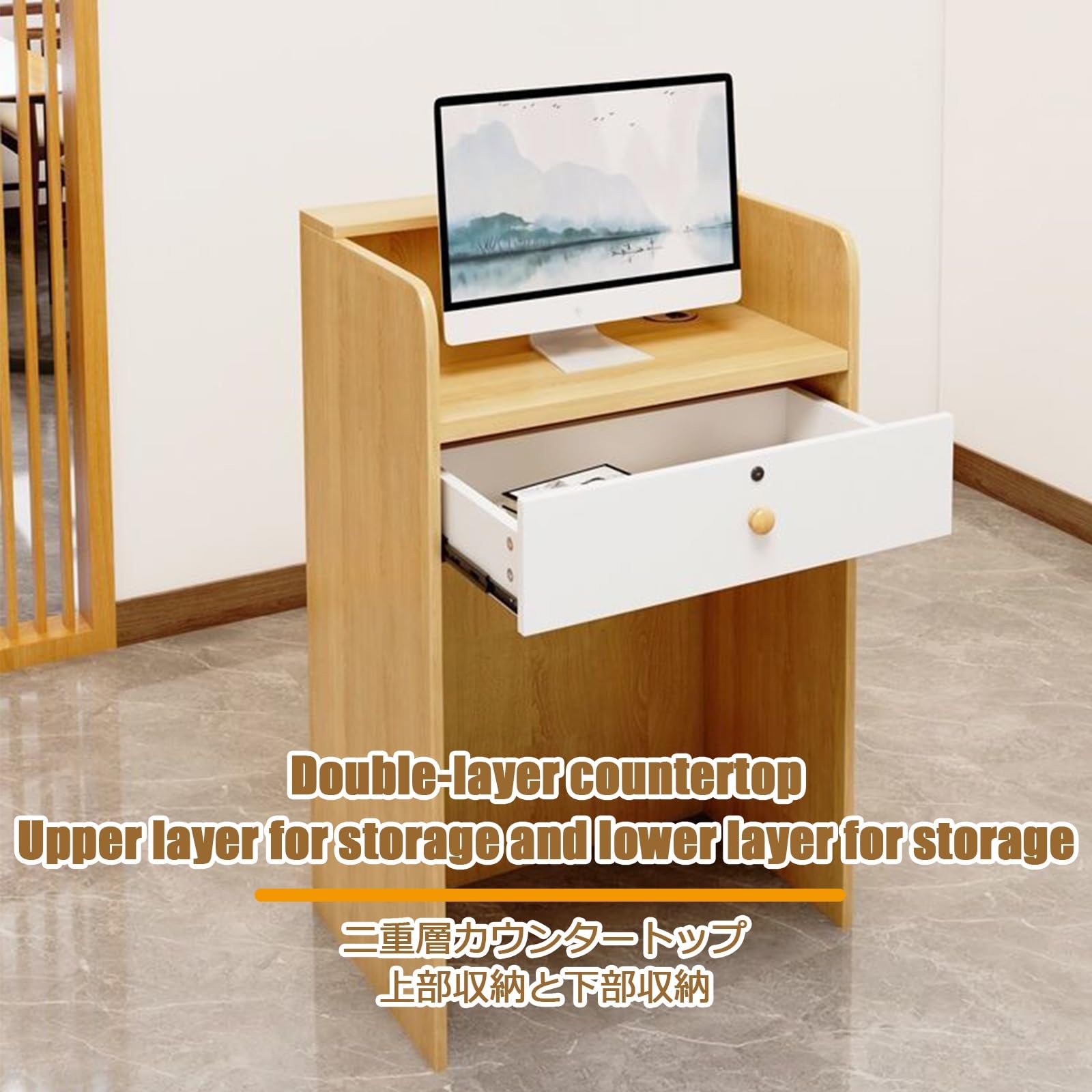 Moderno escritorio de recepción pequeño, mostrador de cajero que ahorra espacio para oficina y venta al por menor, elegante unidad de recepción de madera, diseño funcional de chut para un flujo de