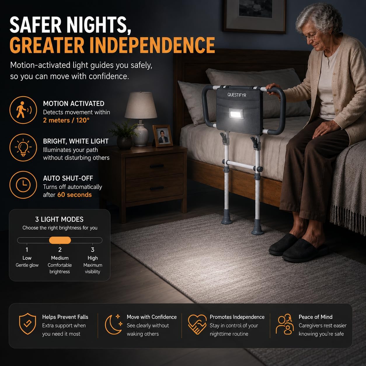 Bed Rails for Elderly Adults Safety, Foldable Bed Assist Rail for Seniors Fall Prevention with Motion Sensor Light & Storage Bag, Adjustable Bedside Handle Fits Twin Full Queen King, 350 lbs