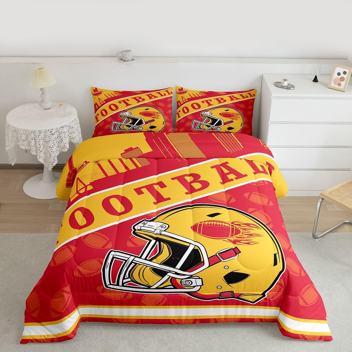 Erosebridal Football City Seasonal Helmet Comforter Sets, Gridiron Style Down Comforter for Kids Teens Boys Sports City Silhouette Illustration Bedding Set Twin for Rugby Sports Fans Gift