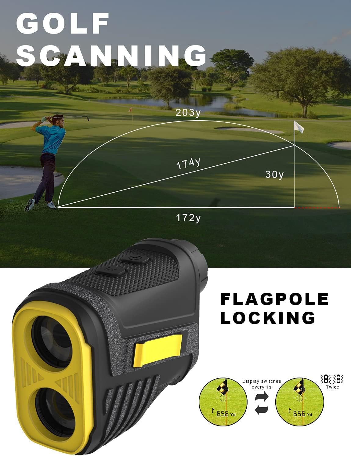 Telemetro Golf PF280 - 656 Yarde con Bloccaggio Preciso dell'Asta Della Bandiera, Ingrandimento 6X, Scansione e Misurazione Della Distanza/Velocità per Caccia