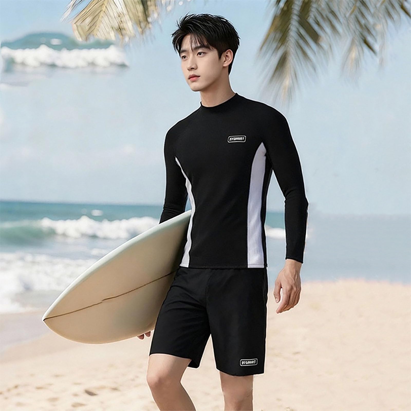 Generico Costumi da Bagno Uomo Rash Guard 3 Pezzi con Maglietta Maniche Lunghe, Pantaloni Lunghi e Corti Muta Nuoto Acque Libere Costume Surf Snorkeling per Estivo Spiaggia Hawaiana Vacanze,