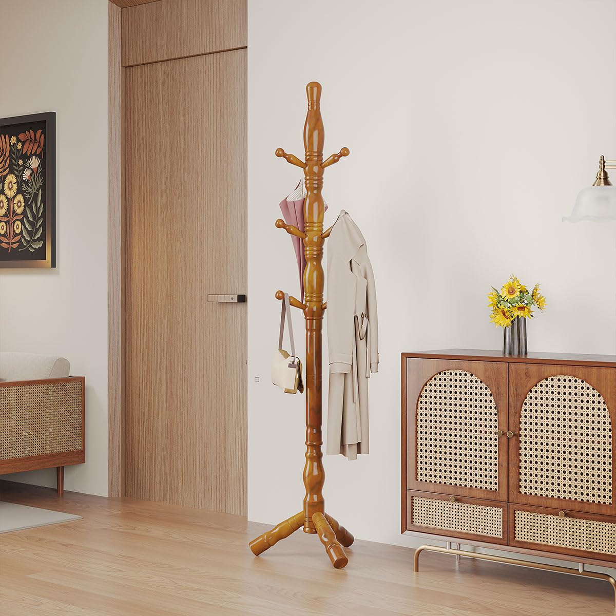 Multibao Sturdy Wooden Coat Rack Stand Vintage Posh Solid Wood 185cm with 9 Hooks Heavy Duty Free standing Hall Coat Hat Clothes Tree Stands for Hallway Entryway Bedroom Office (Golden Teak Finish)