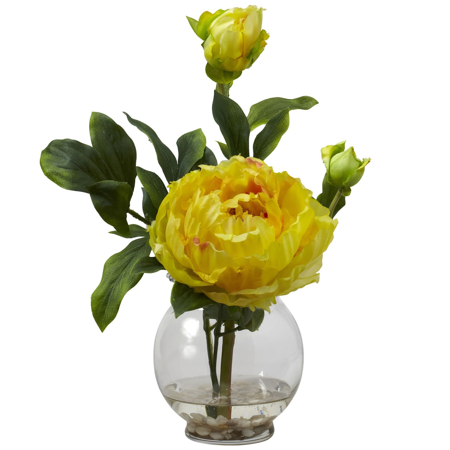 Nearly Natural 1278-YL Peony with Fluted Vase Silk Flower Arrangement, Yellow
