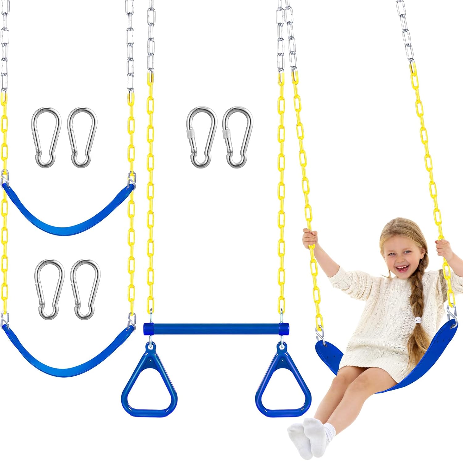 El juego de 3 columpios incluye un anillo de gimnasio, barra de columpio de trapecio, 2 asientos, accesorios de repuesto para patio trasero de