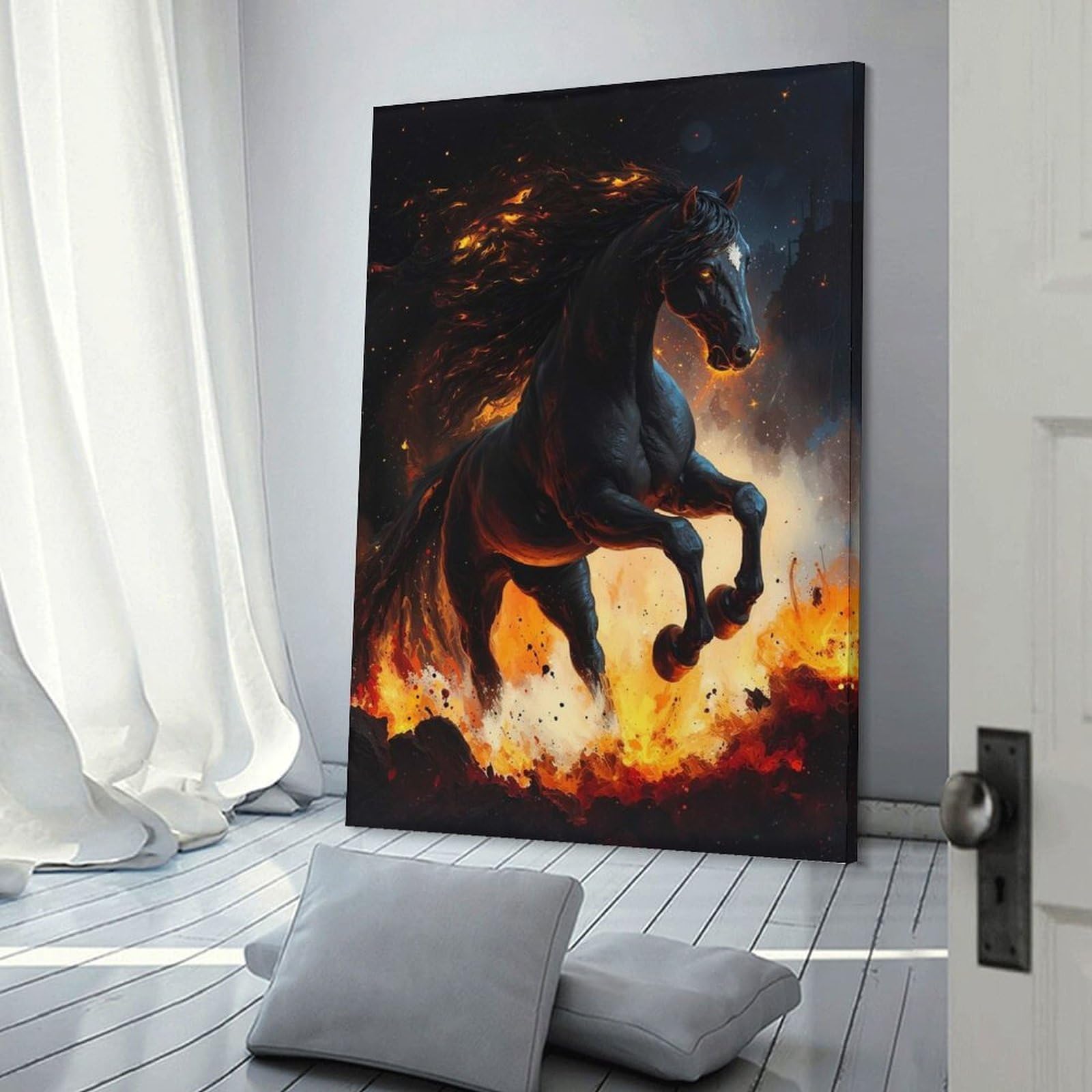 Junmoney Room Decor Wall Art Fiery Black Horse, 20x30inch(50x75cm), for Gallery Wall Decor And Room Displays, An Easy Match for Collected Prints