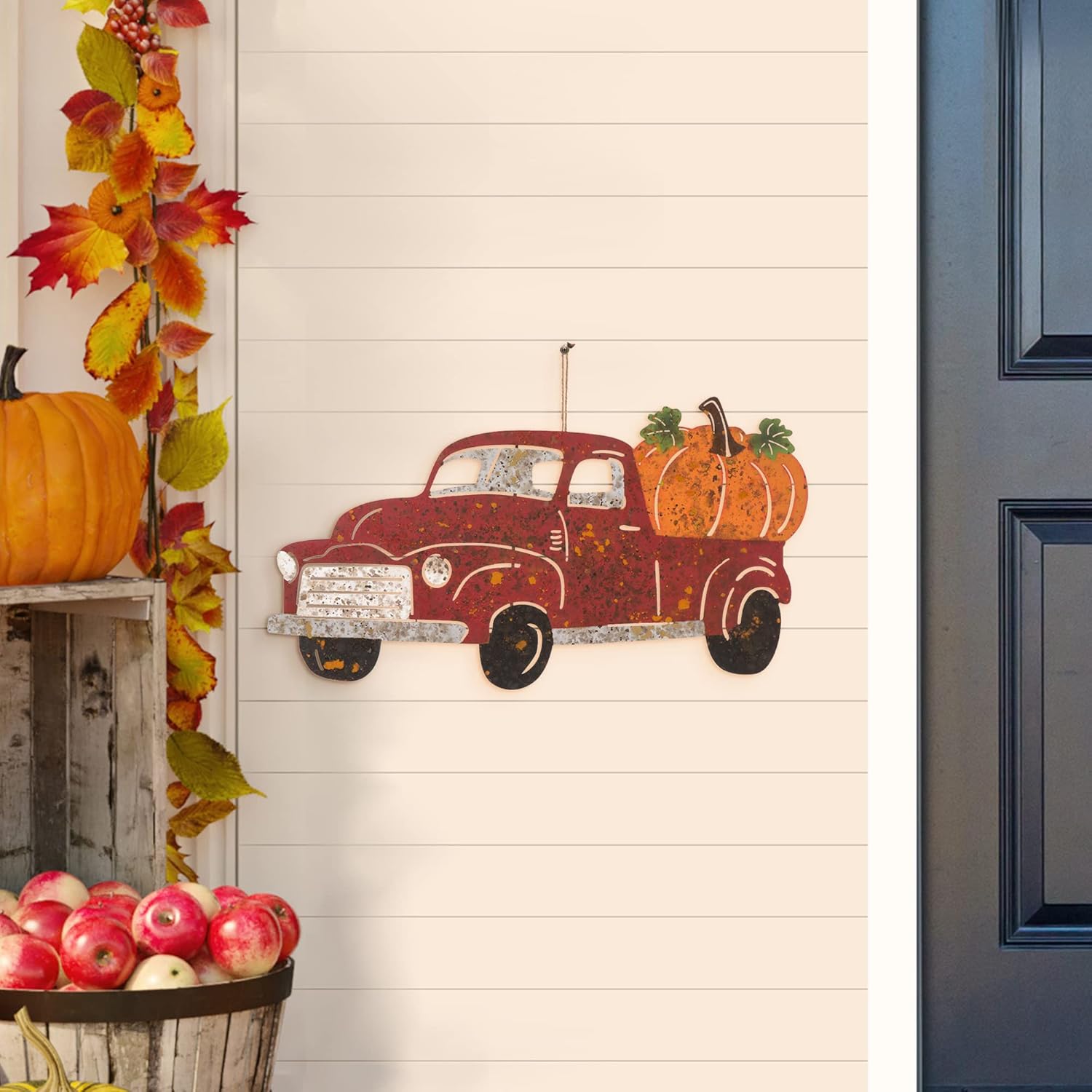 Glitzhome 25"L Metal Fall Decorative Yard Signs with Stakes, Rusty Truck Garden Yard Stake for Home Front Door Lawn Yard Pathway Fall Harvest Standing Hanging Decor Supplies