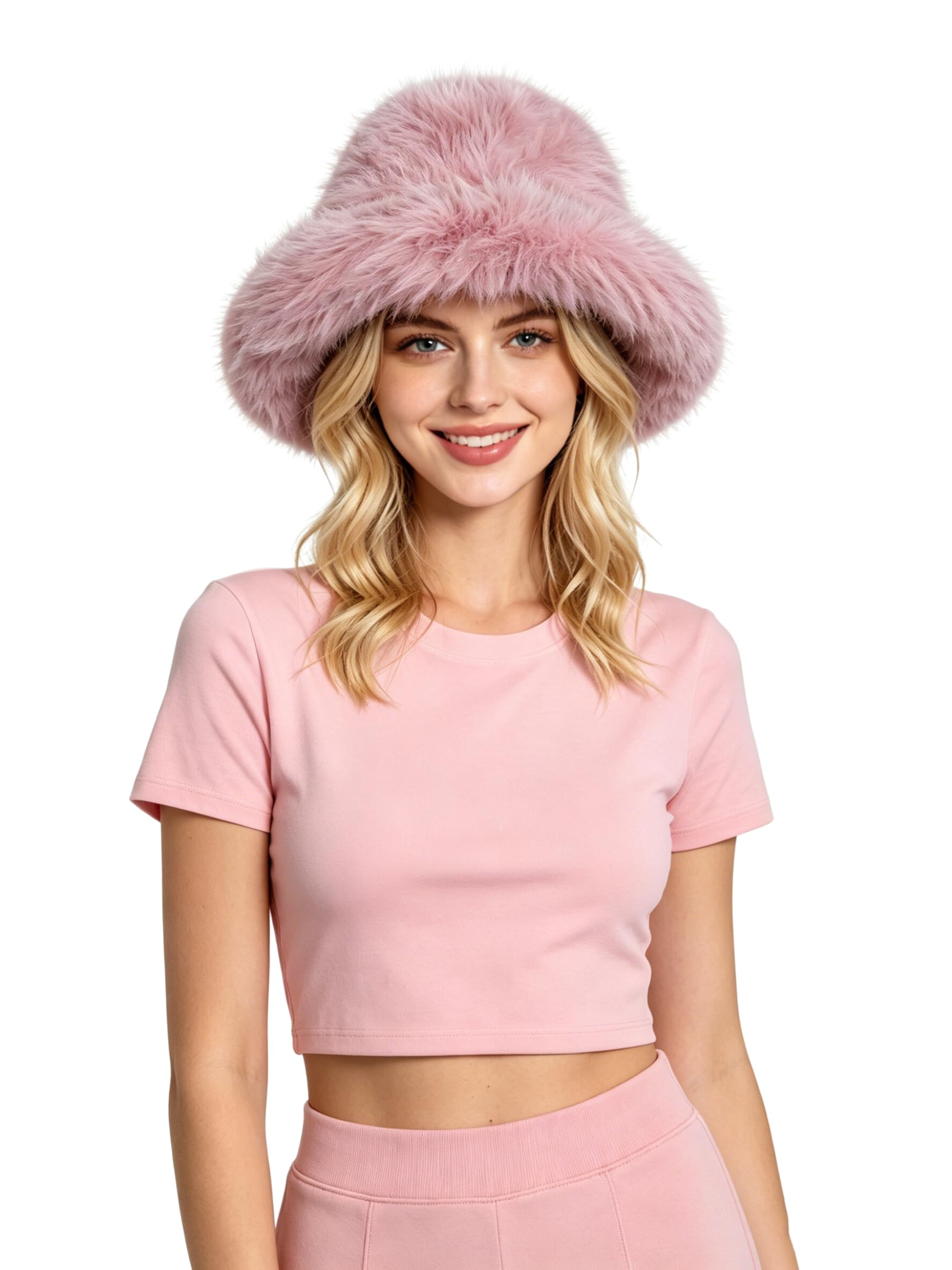 Lina & Lily Grand Chapeau Bob Hiver Femme à Larges Bords en Fausse Fourrure Poils Longs
