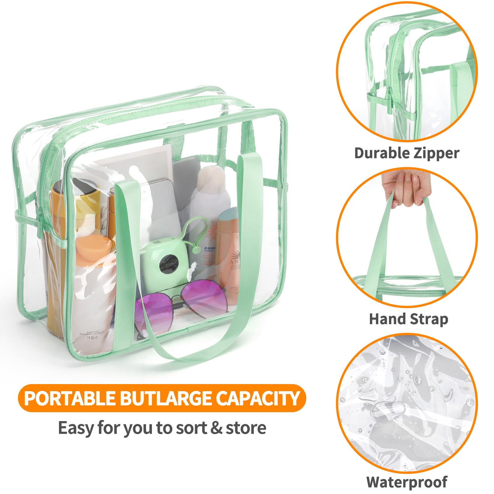 Trousse de maquillage transparente extra large en PVC transparent, étanche, vert