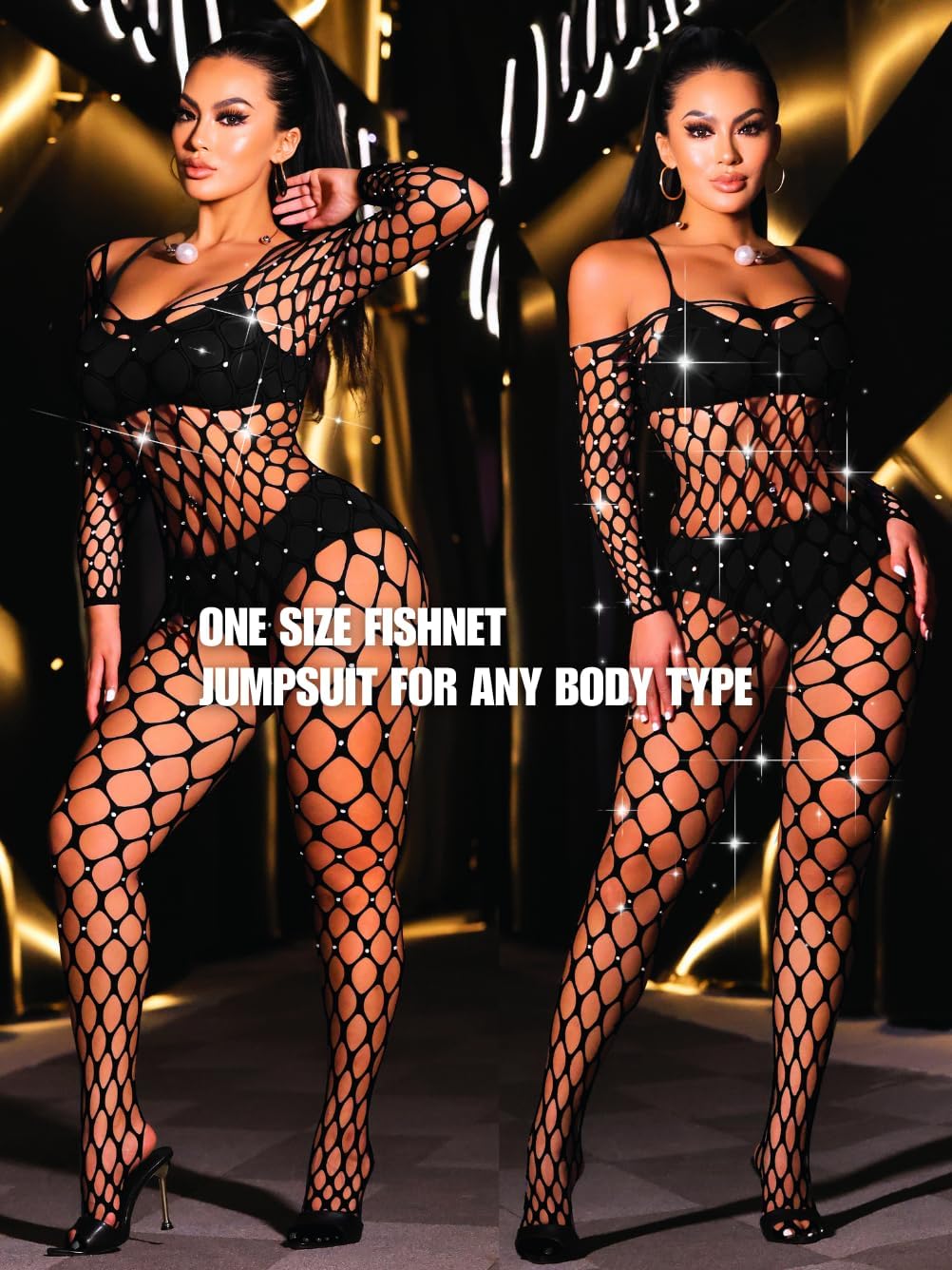 Fishnet Jumpsuit Fits All Size, Rave Outfits Sparkly Rhinestone, Sexy Exotic Dancewear For Women Plus Size - Image 6