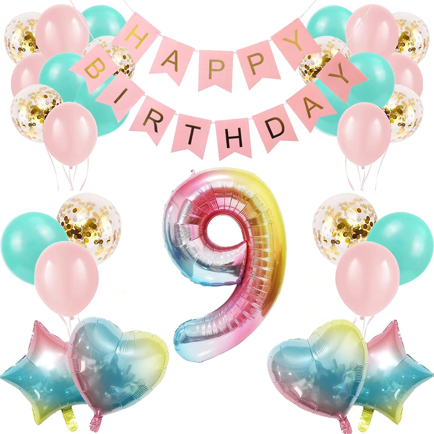 9th Birthday Decorations for Girls - Gradient Color Age 9 Balloons With Happy Birthday Banner for Baby Showers, Ninth Party Supplies for Girls Boys