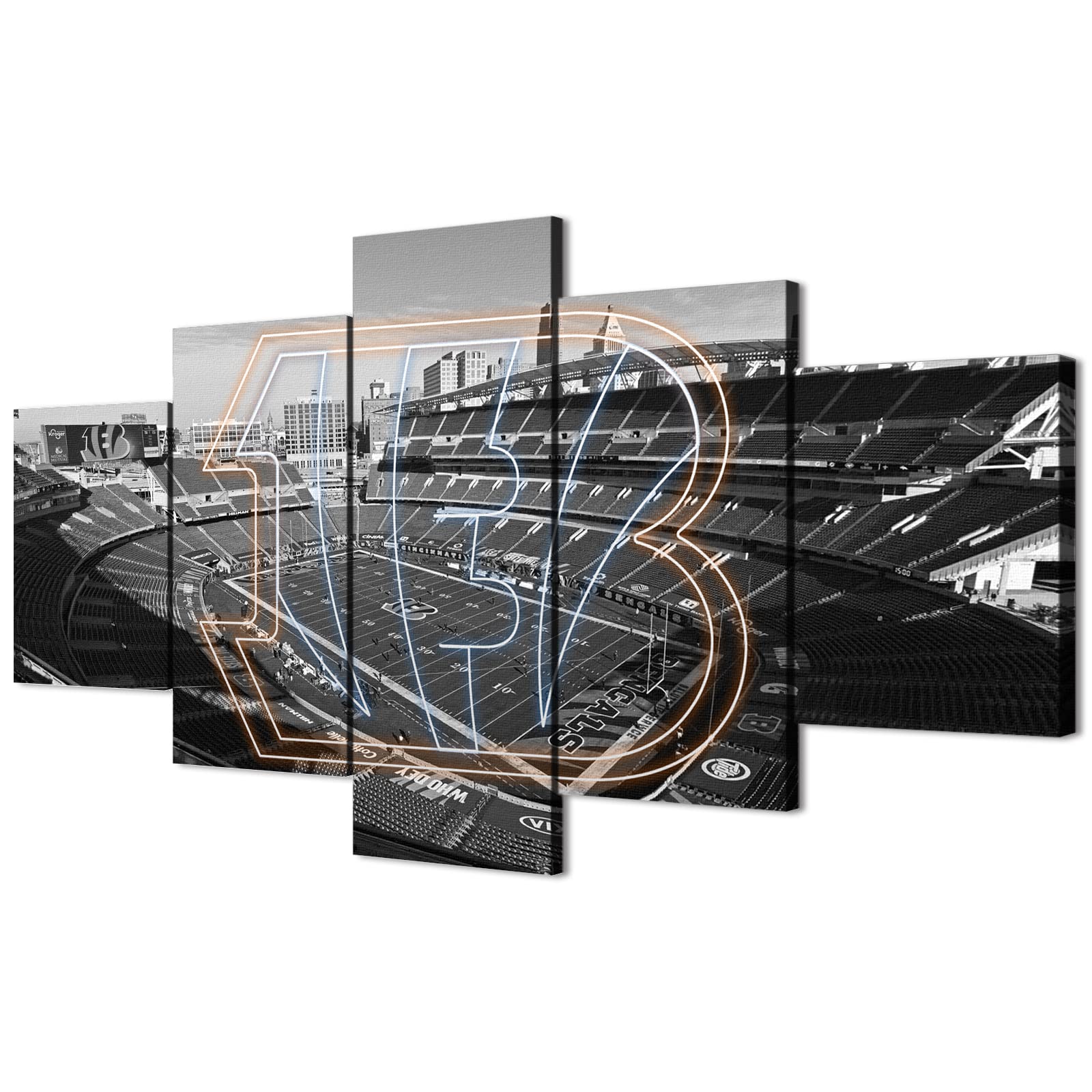 Photo 1 of (60X100CM/5PCS) Frame Canvas Print Poster - American football Cincinnati Field Stadium with Neon Bengals badge - Original Black and White Sports Wall Art for Home and Office Decor