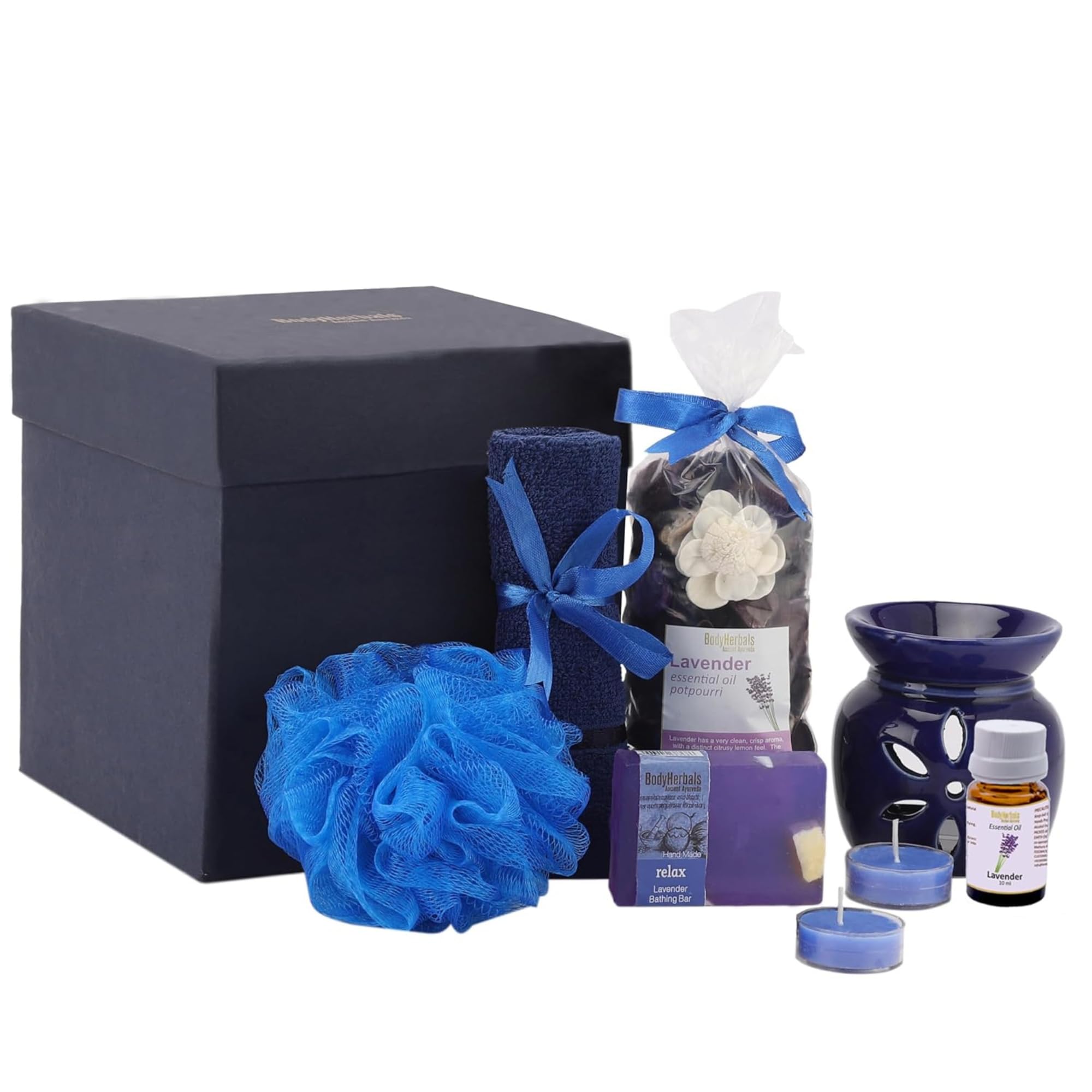 Lavender Soap Spa Gift Set for Women & Men | 7 Pcs Bath & Body Care Kit – Lavender Soap, Bath Puff, Face Towel, Diffuser, 2 T-Light Candles & Lavender Potpourri | Vegan Luxury Gift Box for Birthdays, Anniversaries, Weddings, Christmas, New Year & Special Occasions