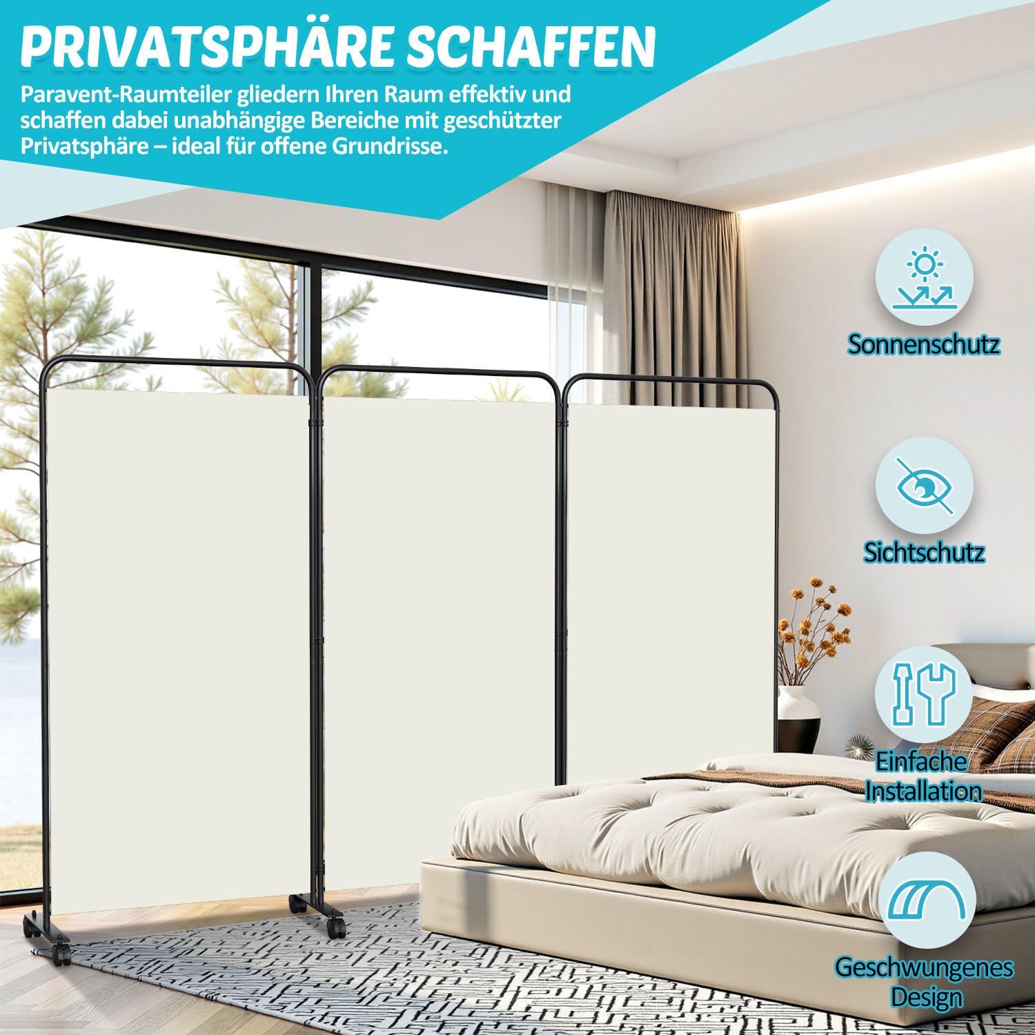 Paravent Raumteiler Klappbar Freistehend Trennwand auf Rollen, Umkleide Sichtschutz, Raumtrenner 3 Teilig 263 x 180 cm, freistehendes Raumteiler für Büro Schlafzimmer - Beige