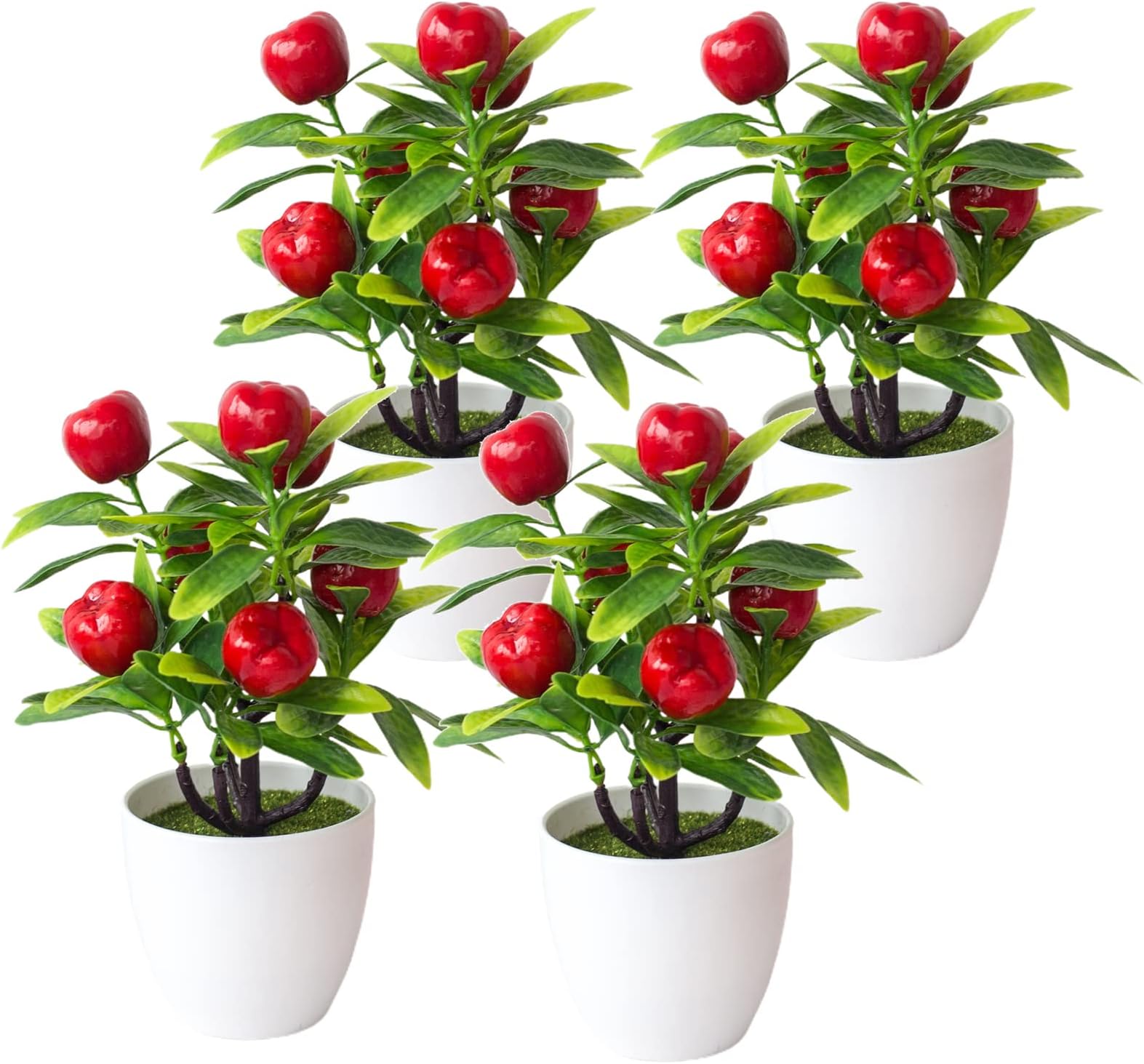 XINdream 4 Pack Artificial Apple Tree with Vase, 8.6in Fake Fruit Tree Desk Plants w/Green Leaves, Small Faux Plants Greenery Decor for Home House Office
