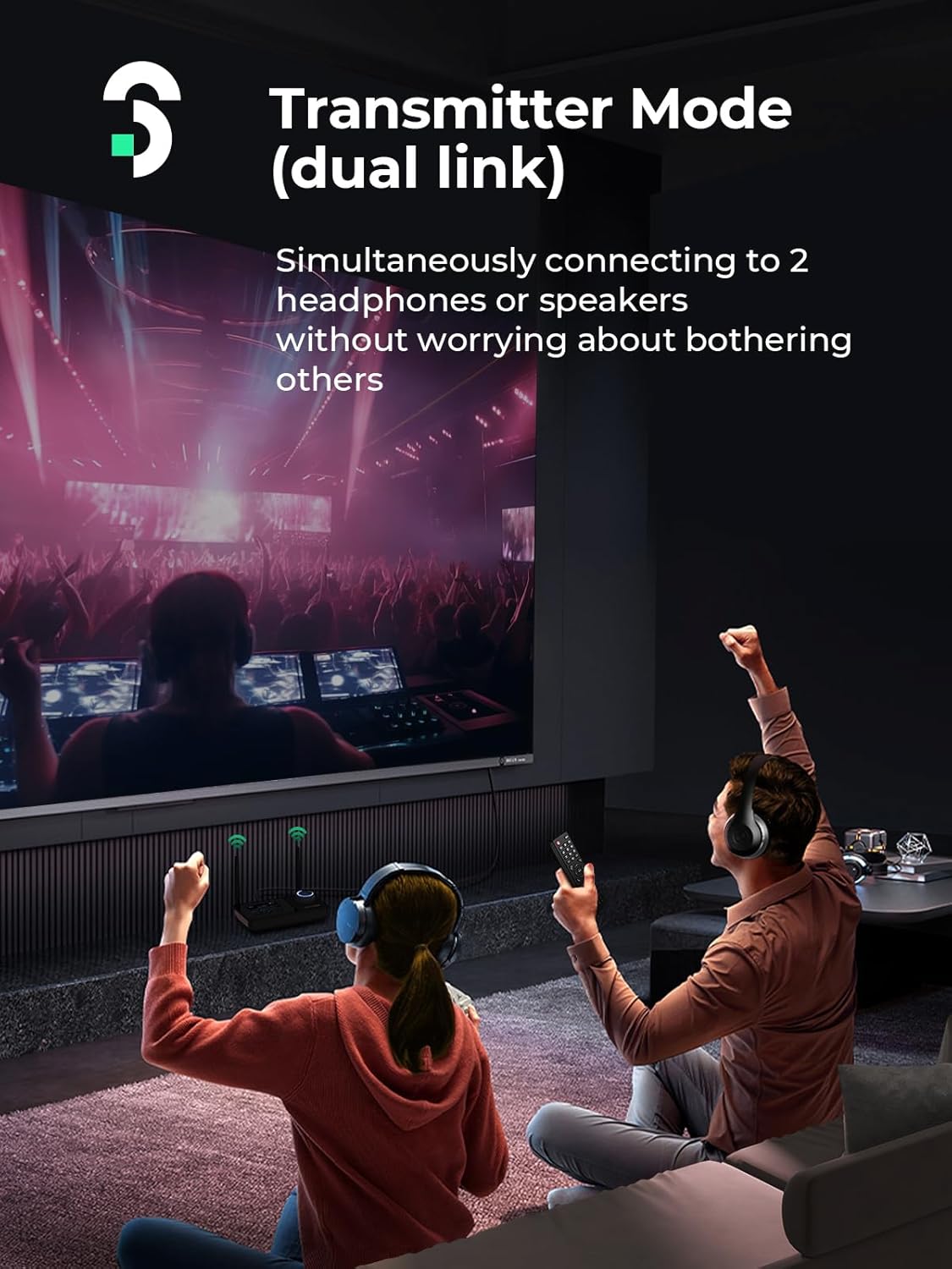 SOOMFON BT32 in Transmitter Mode with two people wearing headphones watching TV