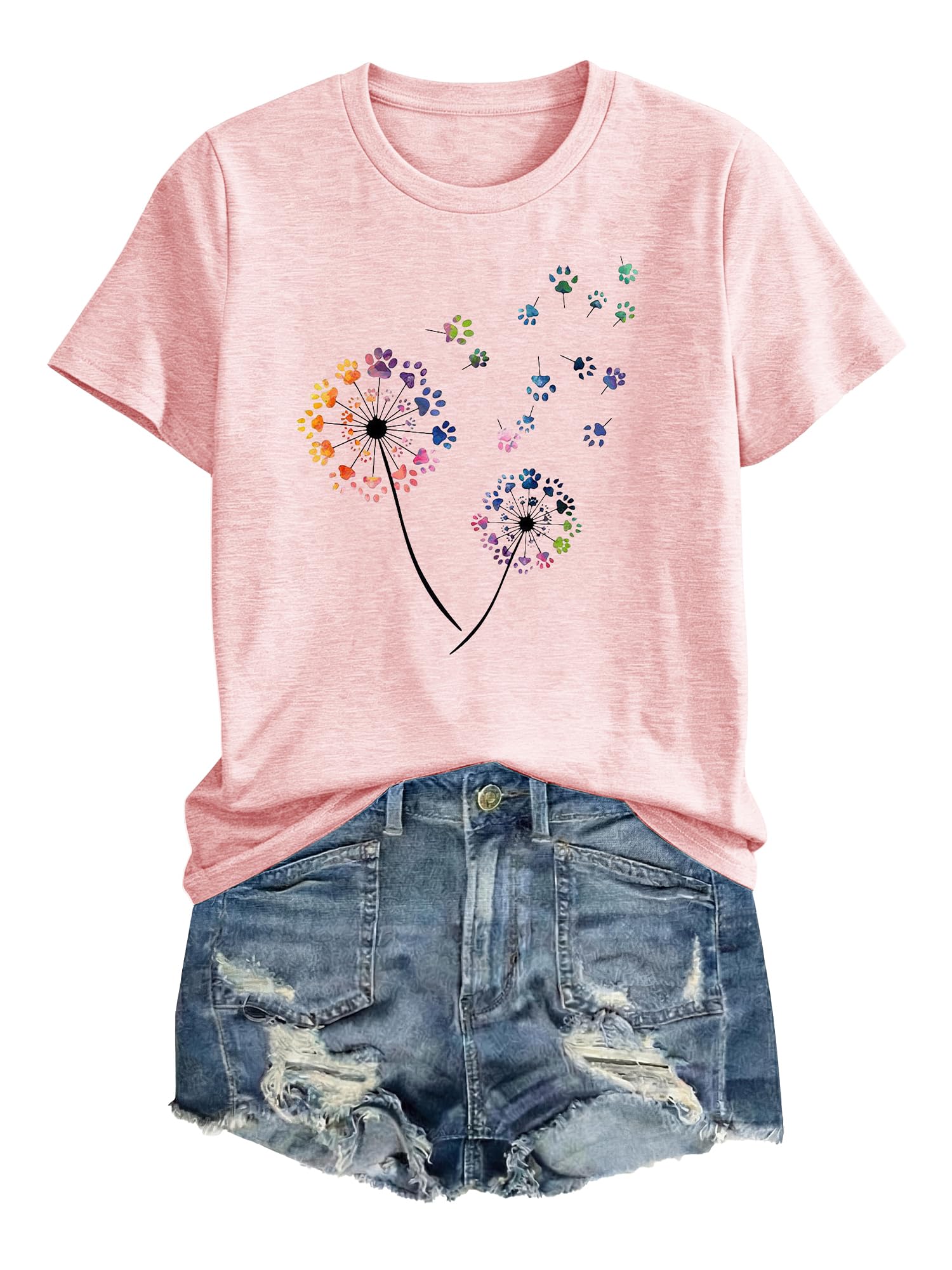 Anbech Women Dandelion Print T Shirts Summer Short Sleeve Graphic Tees | Cute Dandelion Paw Print Tshirt Casual Crewneck Loose Fit Flower T-shirts Teen Girls Colorful Comfy and Soft Daily Wear