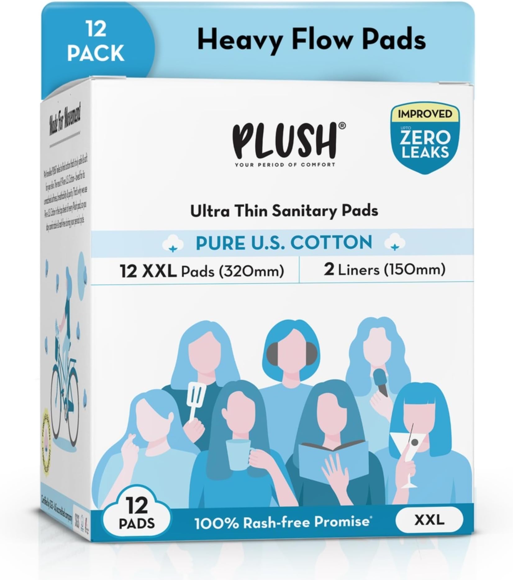 Ultra-Thin Sanitary Napkins for Women, 12 Pcs | Super Absorbent Heavy Flow XXL Pads + 2 Panty Liners | 100% Rash-Free | Pure U.S. Cotton XXL Sanitary Pads | No Fragrance | No Toxic-Chemicals