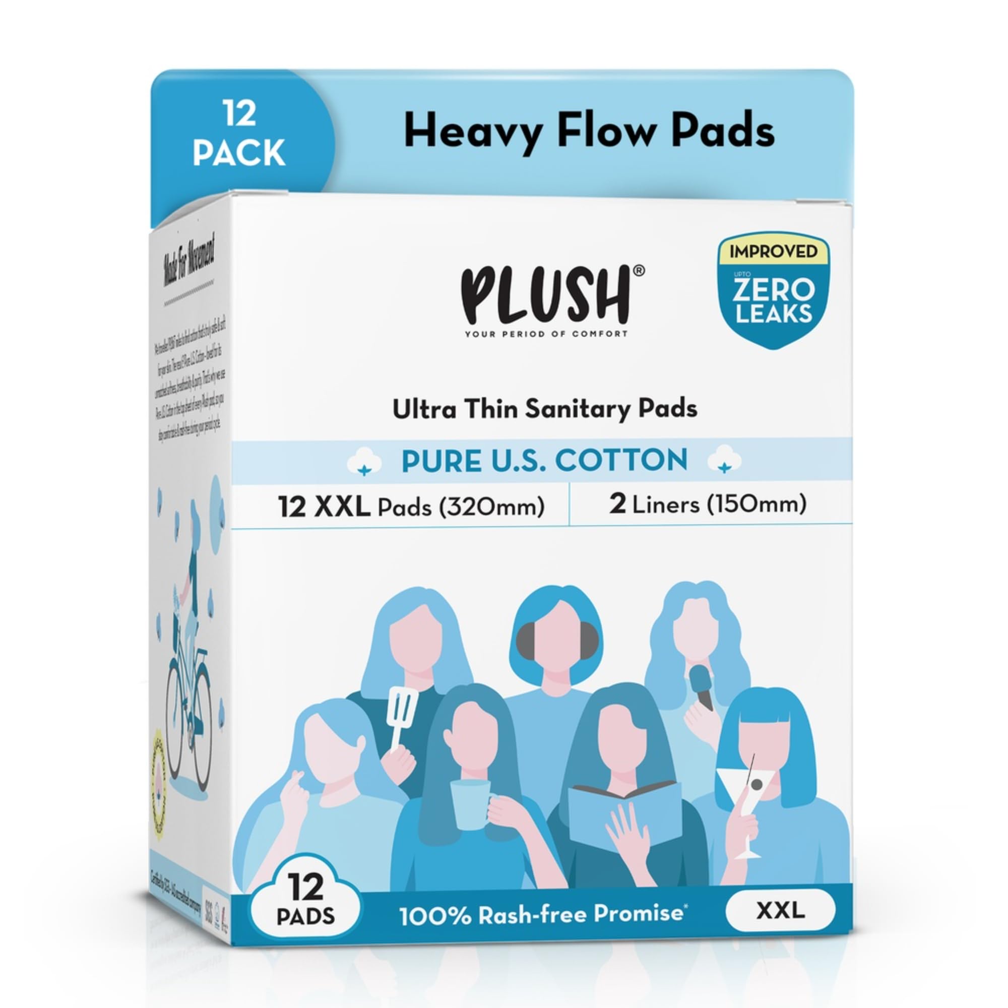 Plush Ultra-Thin Sanitary Pads For Women, 12 XL Natural Cotton Sanitary Napkins | Super Absorbent 12 Medium Flow XL + 2 Panty Liners For Rash Free Periods | Pure U.S. Cotton Pads With Disposable Pouch