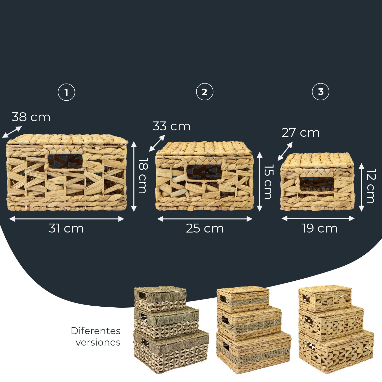 HMF Juego de 3 cestas de almacenamiento con tapa, cestas de junco de mar trenzadas | pequeño, mediano, grande