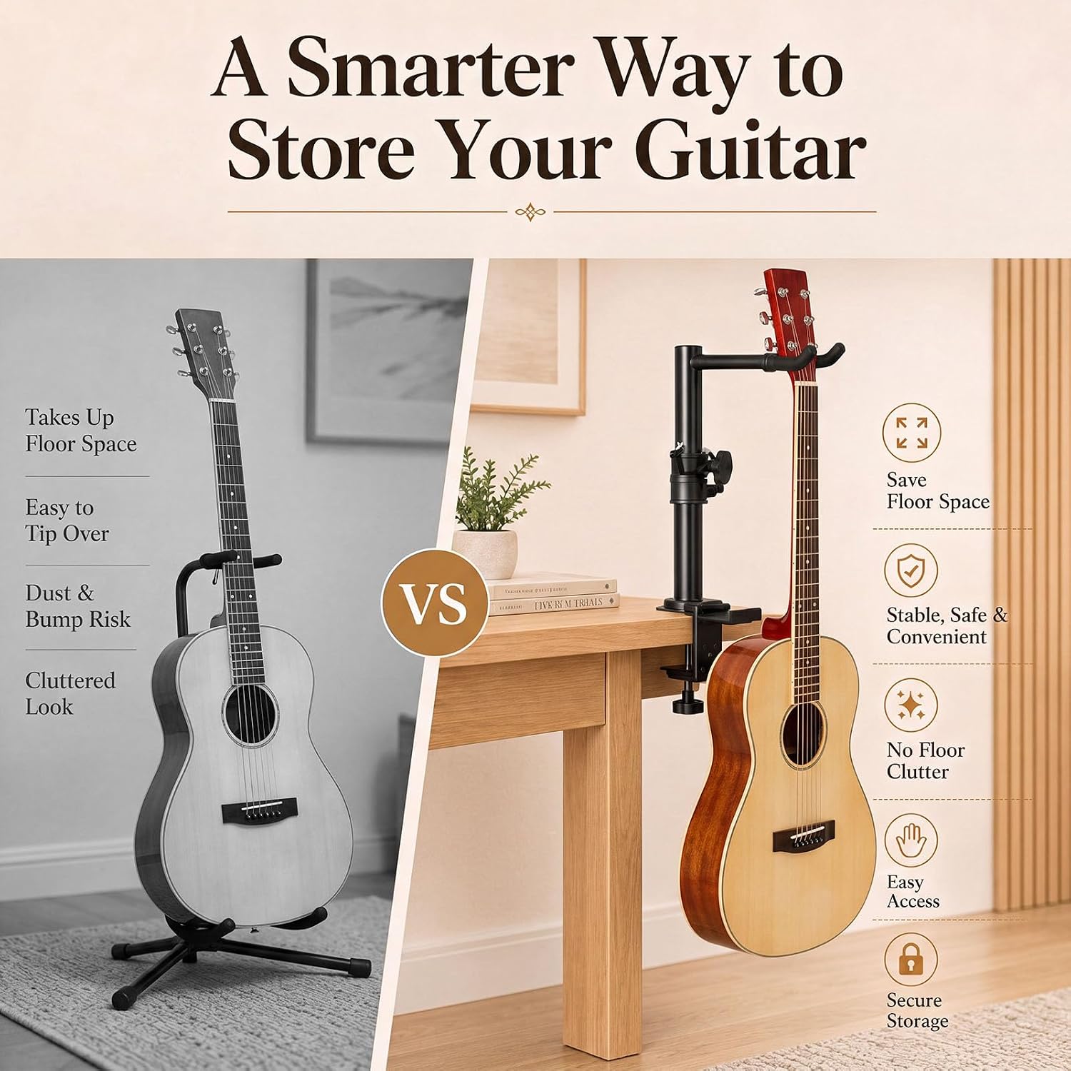 Konohan Desk Guitar Stand with Clamp, Adjustable Height Metal Mount