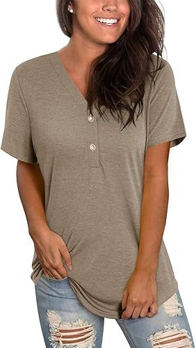 LAISHEN Women's V Neck Summer Tops Casual Henley Short Sleeve Button Down T Shir