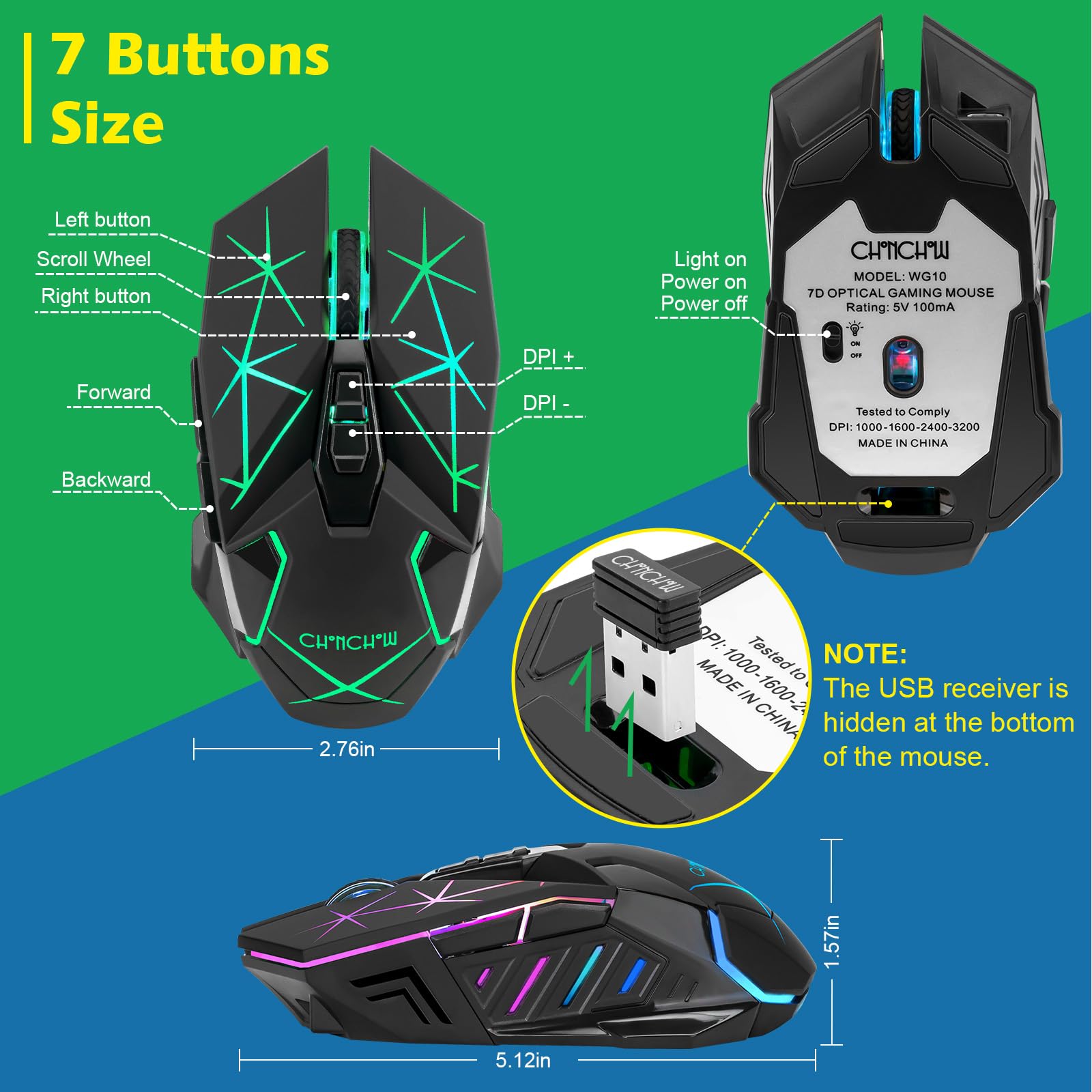 CHONCHOW Ratón inalámbrico para juegos para laptop con botones laterales para PS4/PS5/Xbox One, mouse de PC recargable con receptor USB 2.4G, 3.200 DPI/7 botones/retroiluminación RGB, mouse ergonómico