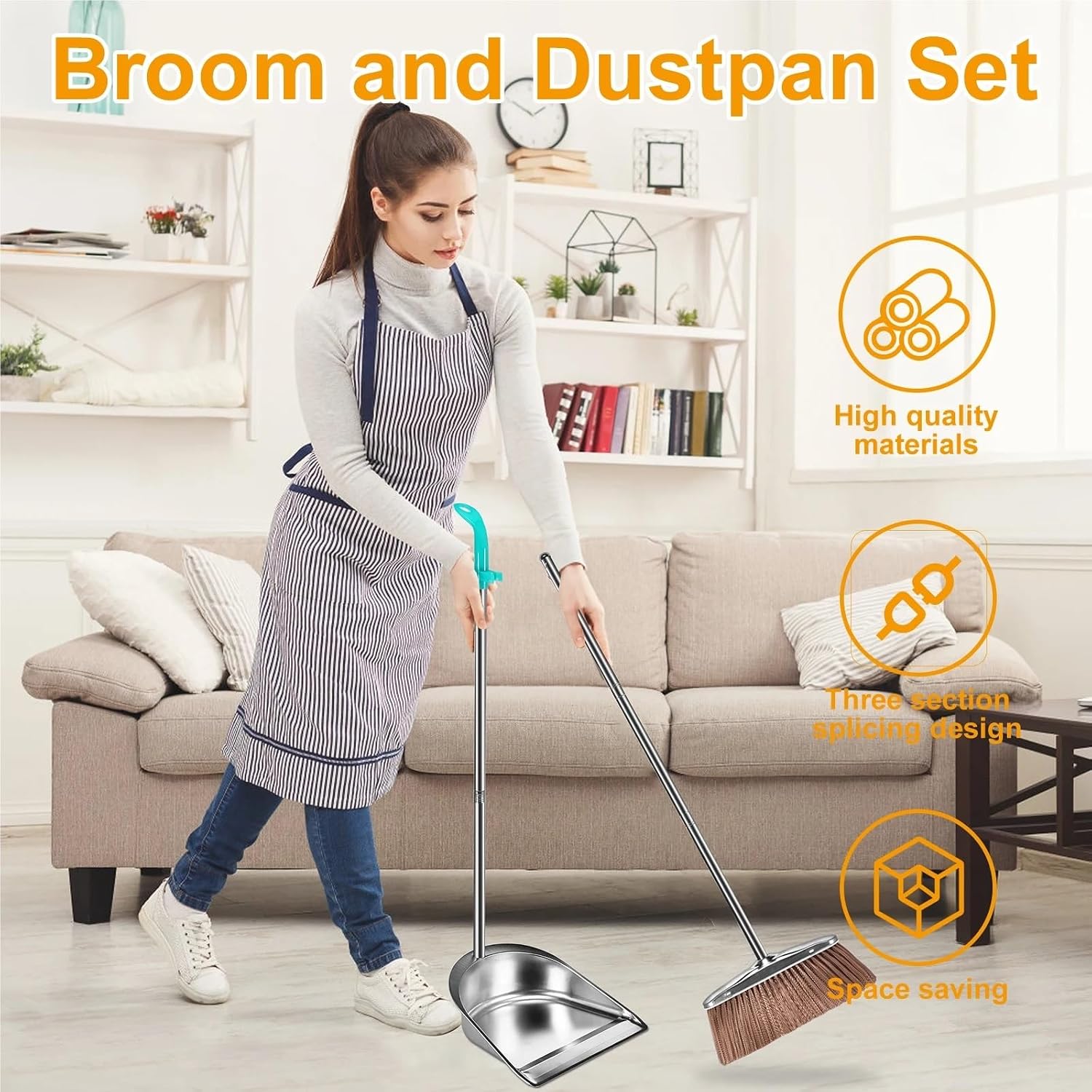 Broom Dustpan Set Stainless Steel Brushs Combination Household Combo Cleaning Tool Dust Pan Long Handle Sweeping for Cleaning(Square Dustpan Broom)