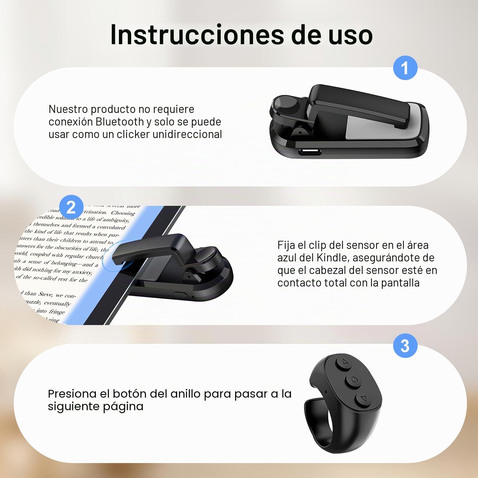 Mando a Distancia para Pasar Páginas y Disparar la Cámara de Forma Remota,Anillo de Desplazamiento para Pasar Páginas, Compatible con Kindle, Tolino, iPhone,Teléfonos Android y Tabletas