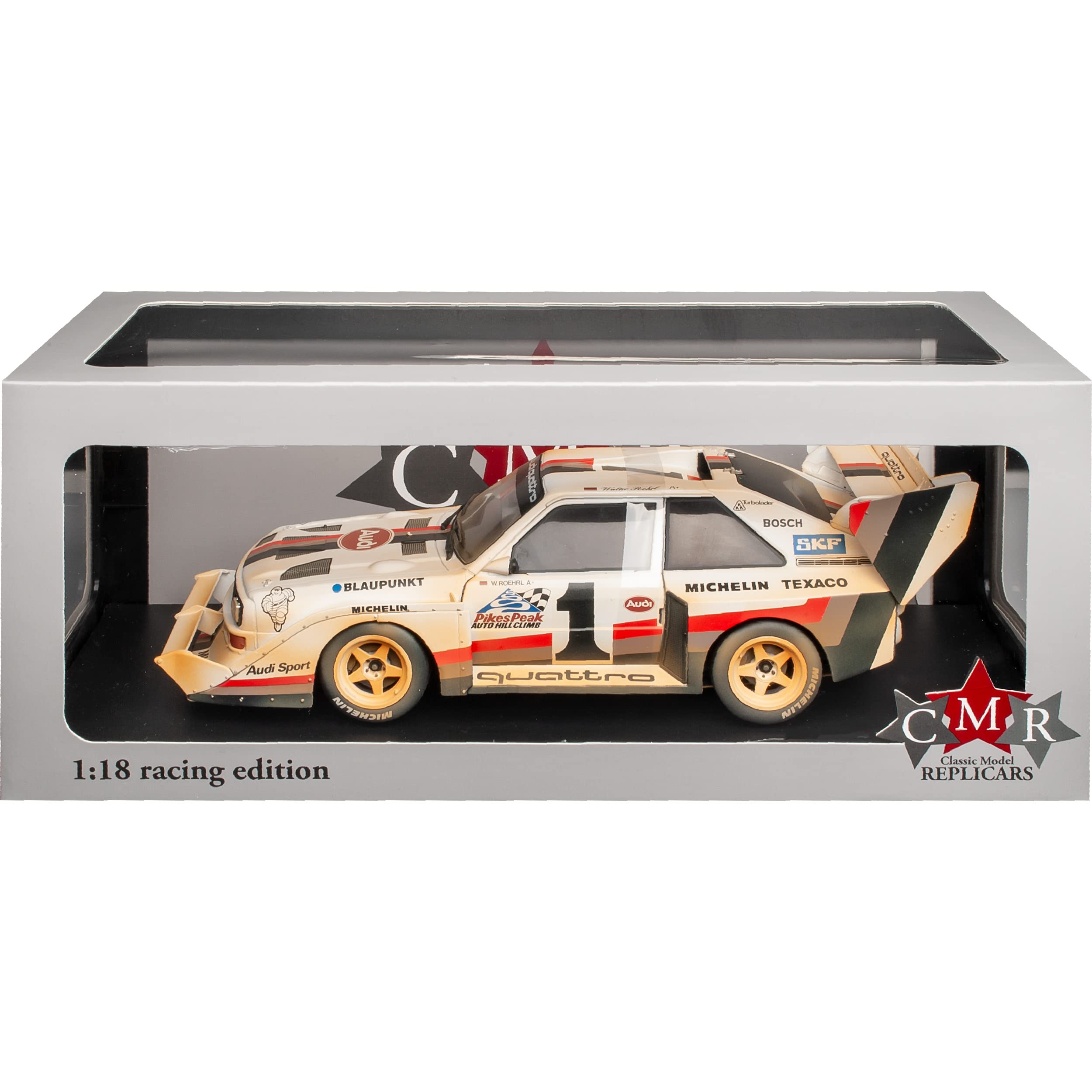 NEW A*U*D*I Sport Quattro S1 Sieger Pikes Peak Dirty Version After Race Röhrl 1987 1/18 CMR Modell Auto mit individiuellem Wunschkennzeichen