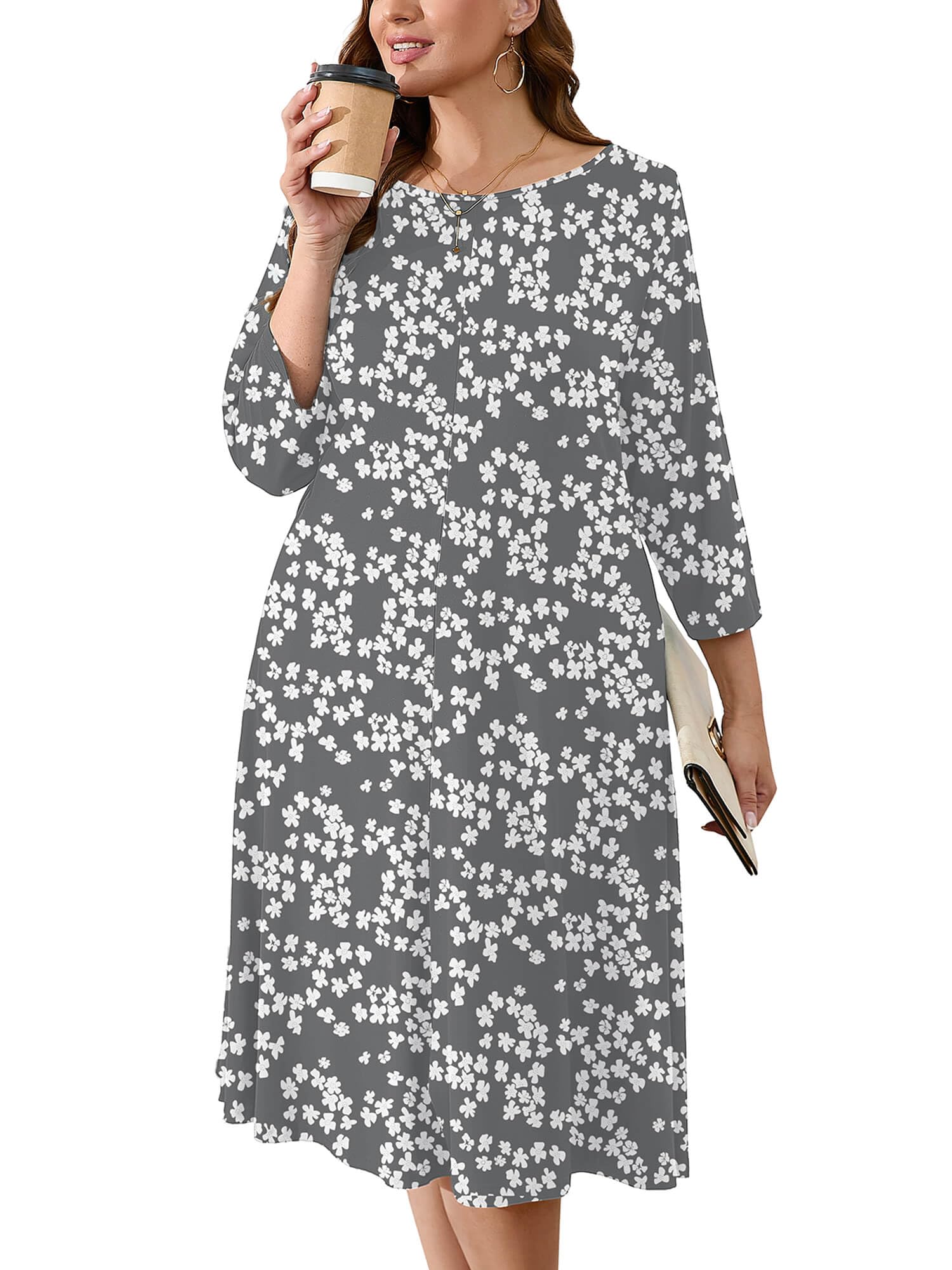 AusLook Women's Plus Midi Dresses Crew Neck A Line 3/4 Sleeves Casual Elegant Loose Wedding Vacation Dress with Pockets